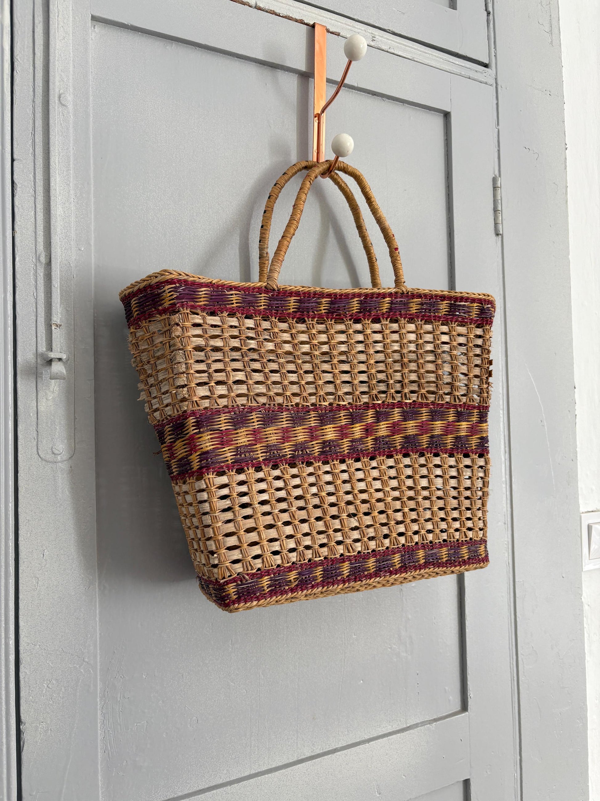 Vintage sisal woven shopper, Brown boho beach bag, Bohemian home decoration, Rattan market shoulder bag, Basket bag