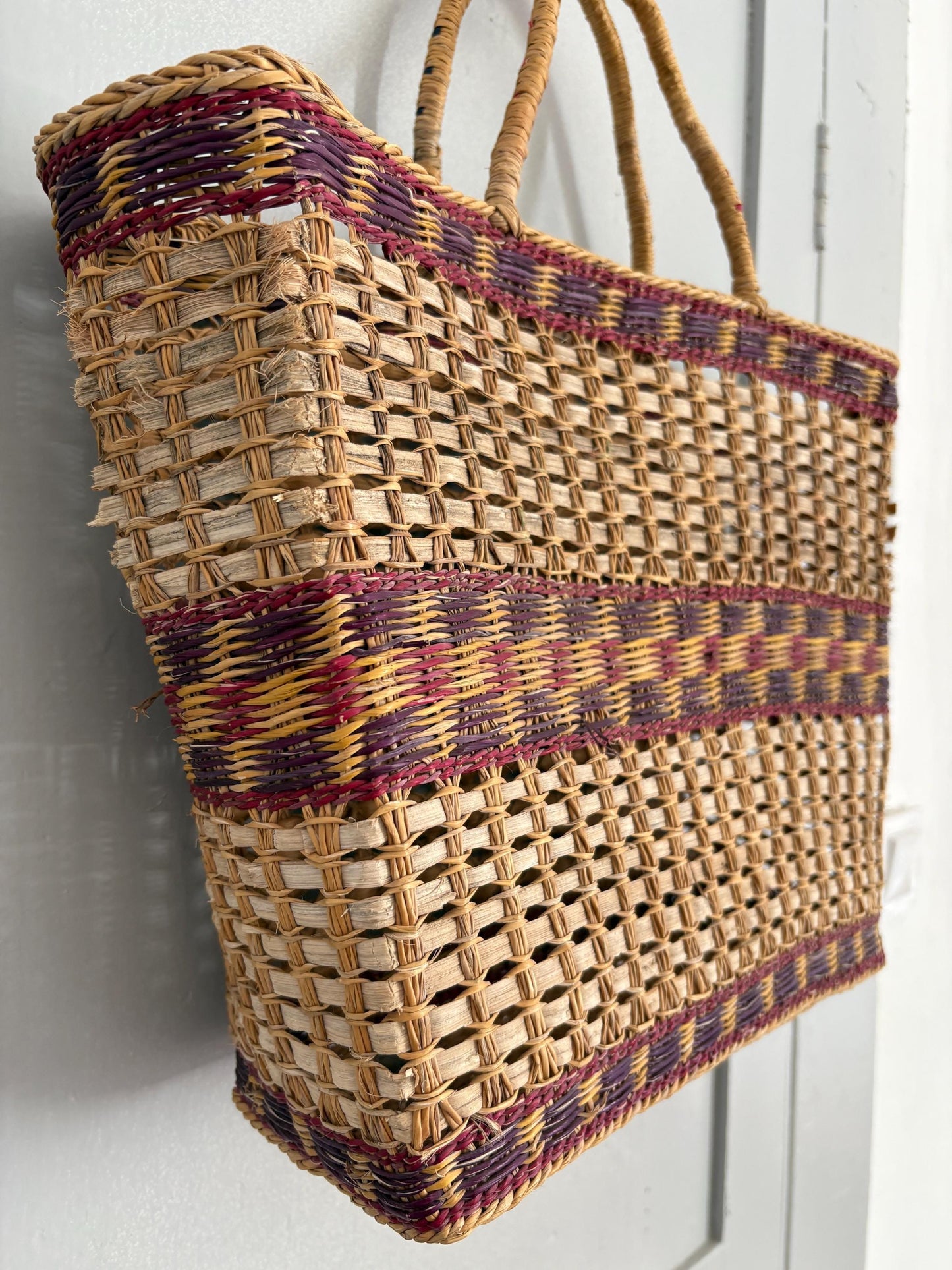 Vintage sisal woven shopper, Brown boho beach bag, Bohemian home decoration, Rattan market shoulder bag, Basket bag