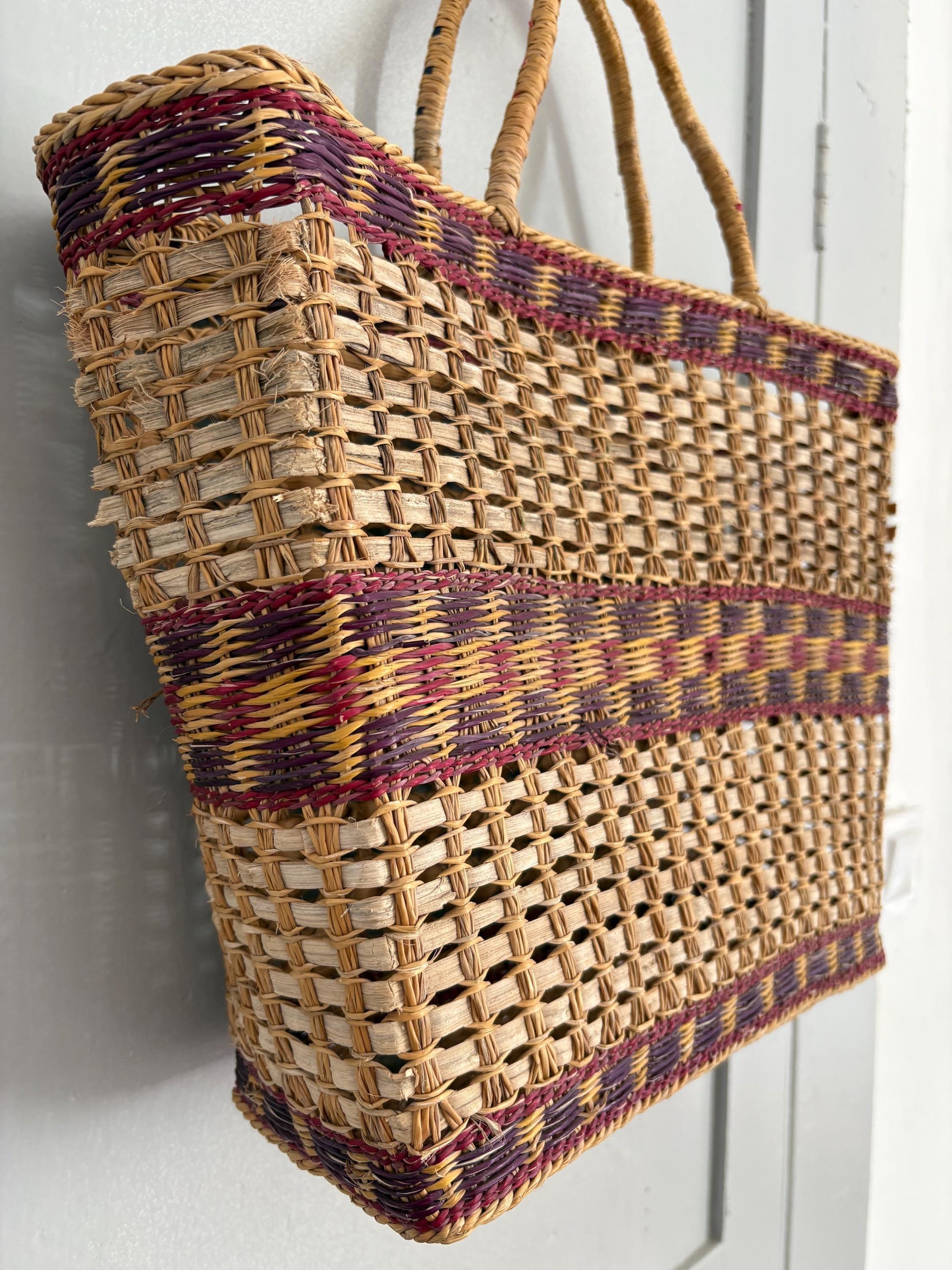 Vintage sisal woven shopper, Brown boho beach bag, Bohemian home decoration, Rattan market shoulder bag, Basket bag