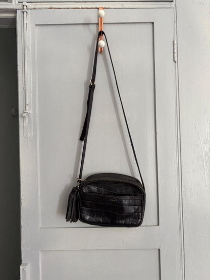 Vintage Black Croc-Embossed Leather Crossbody Bag — back view