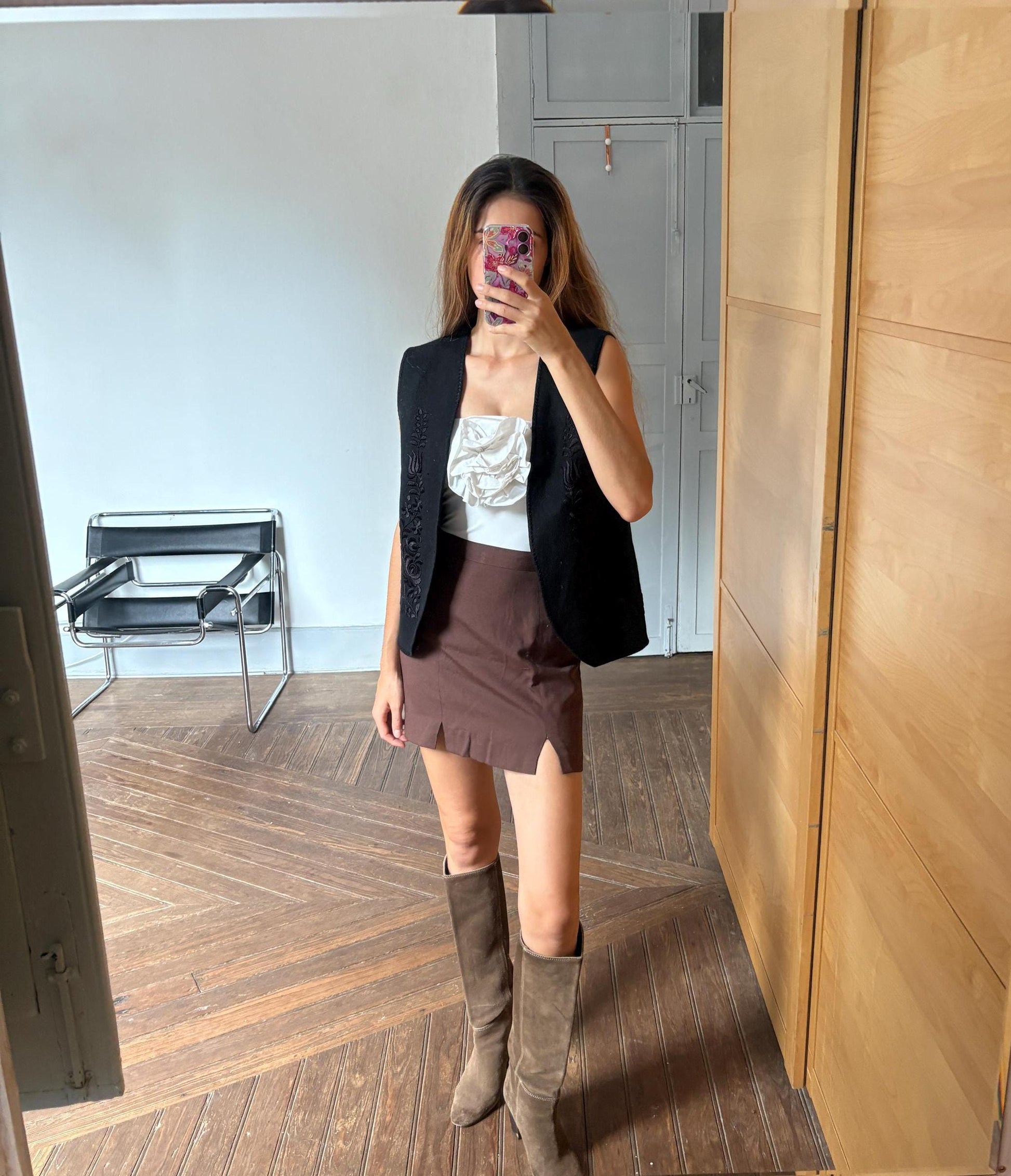 Vintage black wool floral vest, Cottage core felted wool waistcoat, Romantic Sleeveless black cardigan, Dark academia waistcoat, M