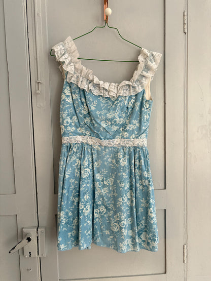 Vintage Handmade blue floral mini dress, Lace short dress, XXS - EU 32, Petite body