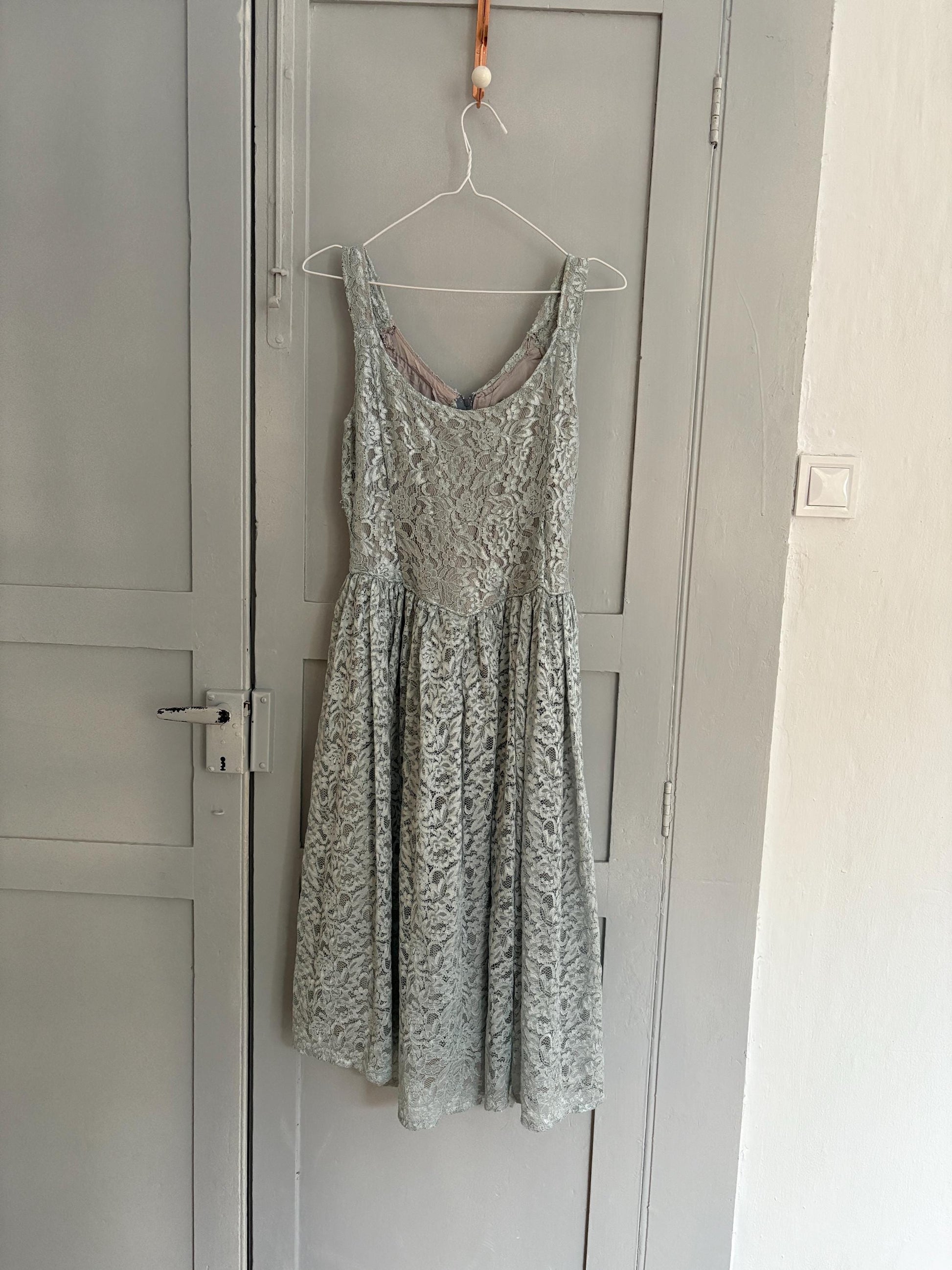 Vintage Handmade pastel blue lace princess dress, Elegant wedding guest outfit
