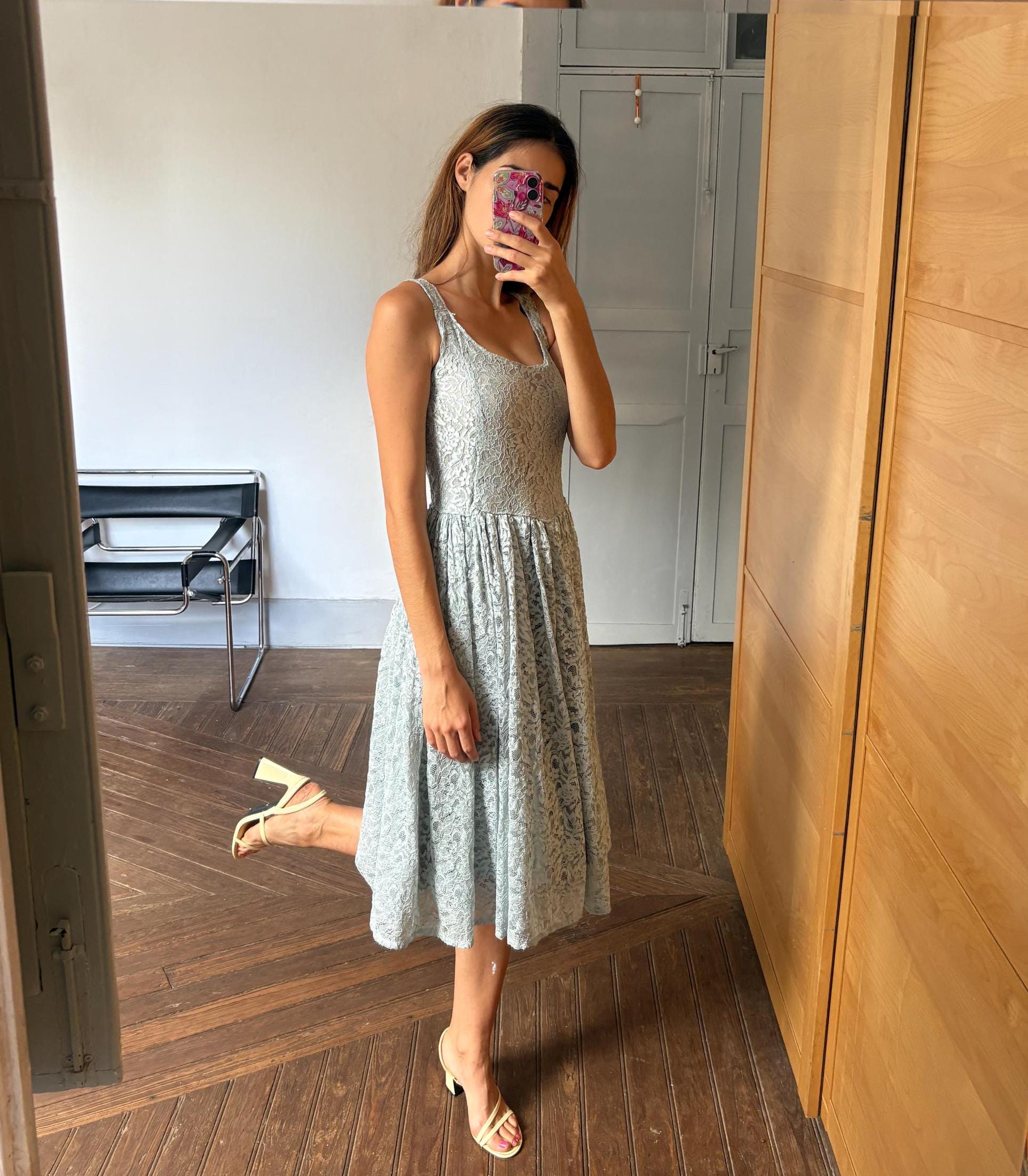 Vintage Handmade pastel blue lace princess dress, Elegant wedding guest outfit