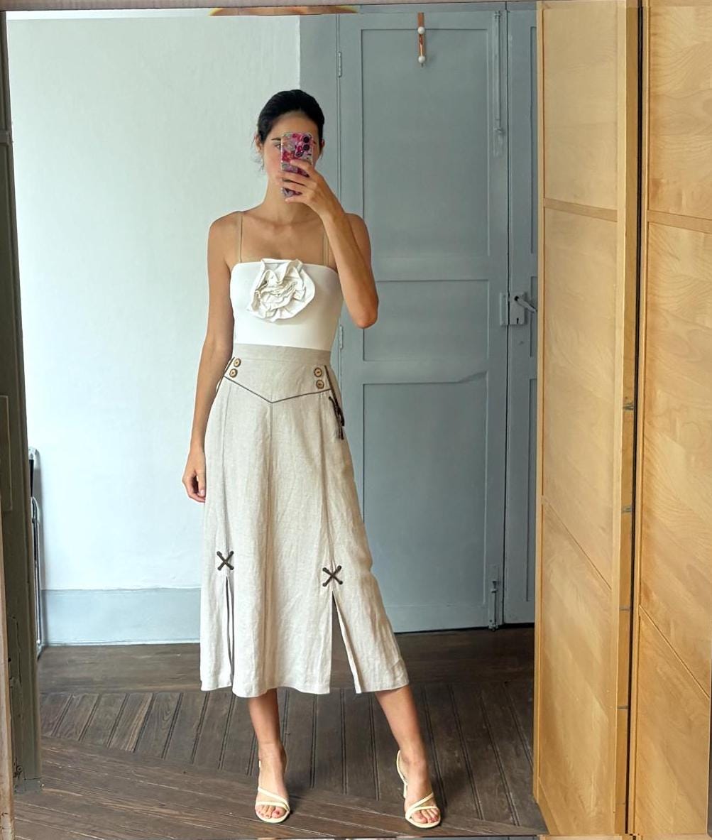 Vintage 100 % linen beige long skirt, Landhaus look high Waist skirt, Cottage core quality vintage skirt, German folklore clothing