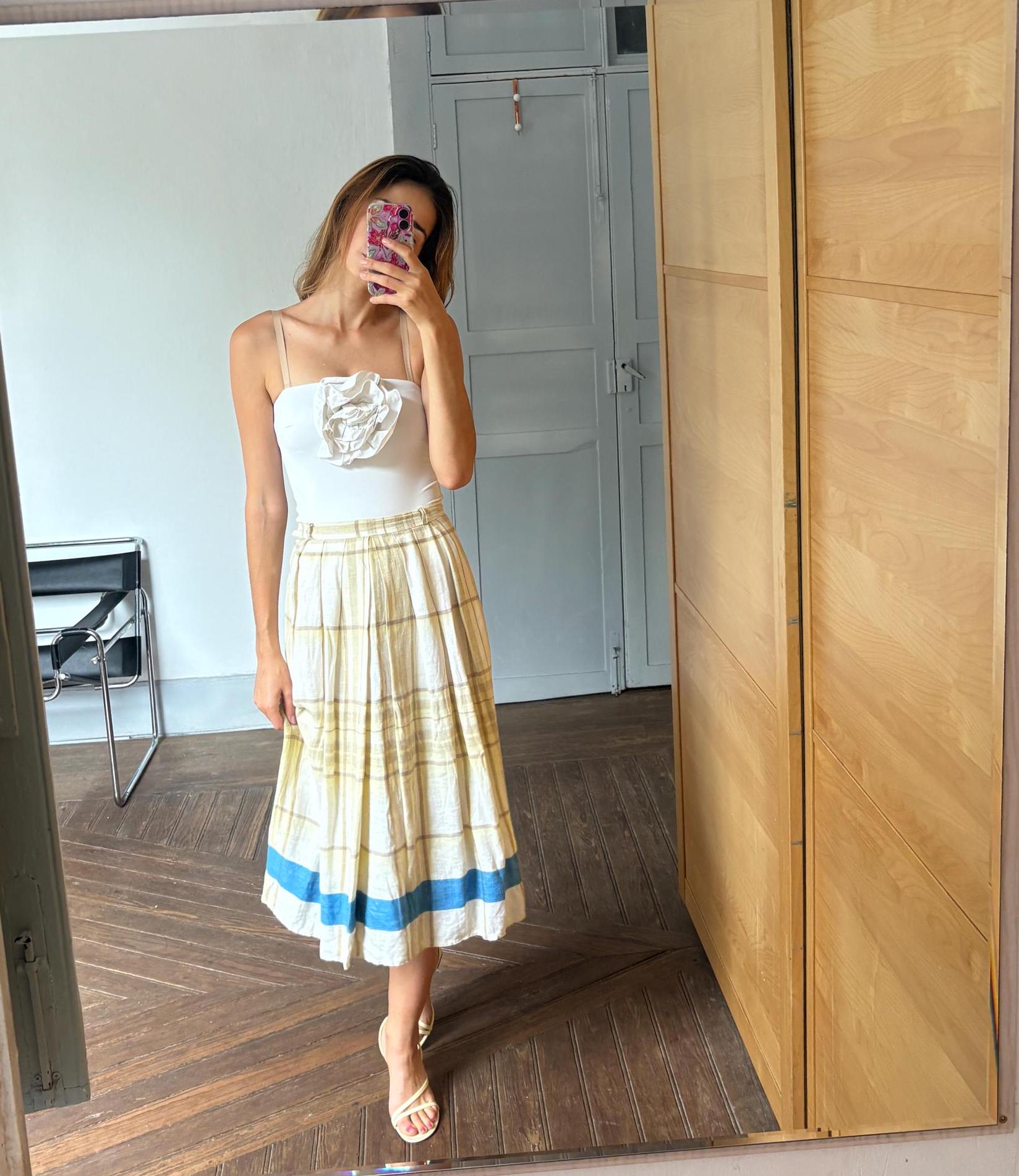 Vintage 100 % linen yellow Italian designer skirt, Cottage core long skirt, Wedding guest pastel outfit, S - M