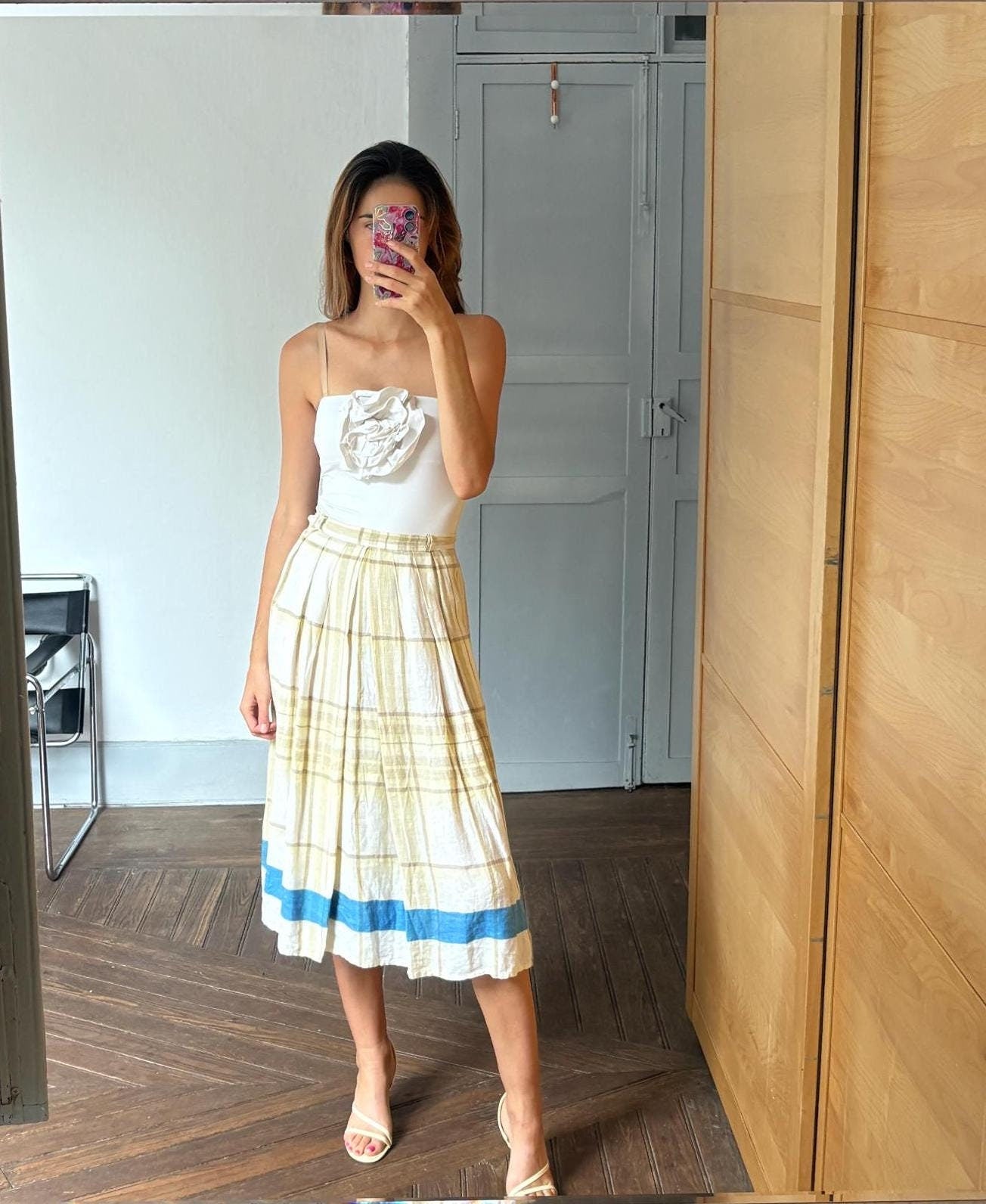 Vintage high waist maxi skirt. Cottage core striped yellow midi summer skirt.