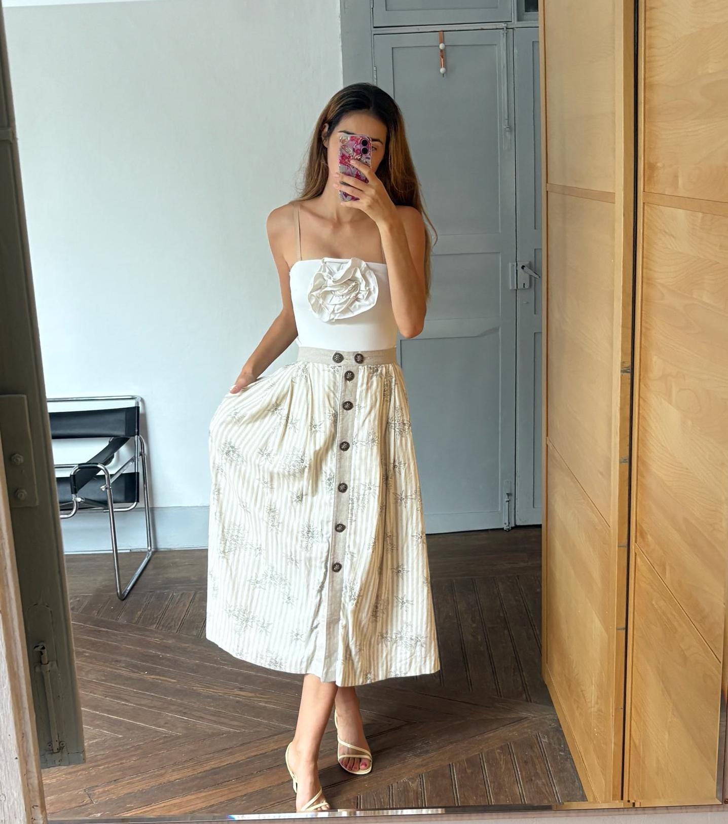 Beige and white striped Austrian trachten, Vintage Cottage core folklore clothing, Linen blend maxi skirt, German Dirdnl antique skirt
