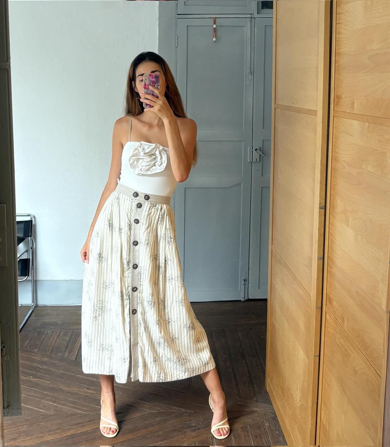 Beige and white striped Austrian trachten, Vintage Cottage core folklore clothing, Linen blend maxi skirt, German Dirdnl antique skirt