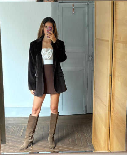 Velvet Brown Double-Breasted Blazer — back view