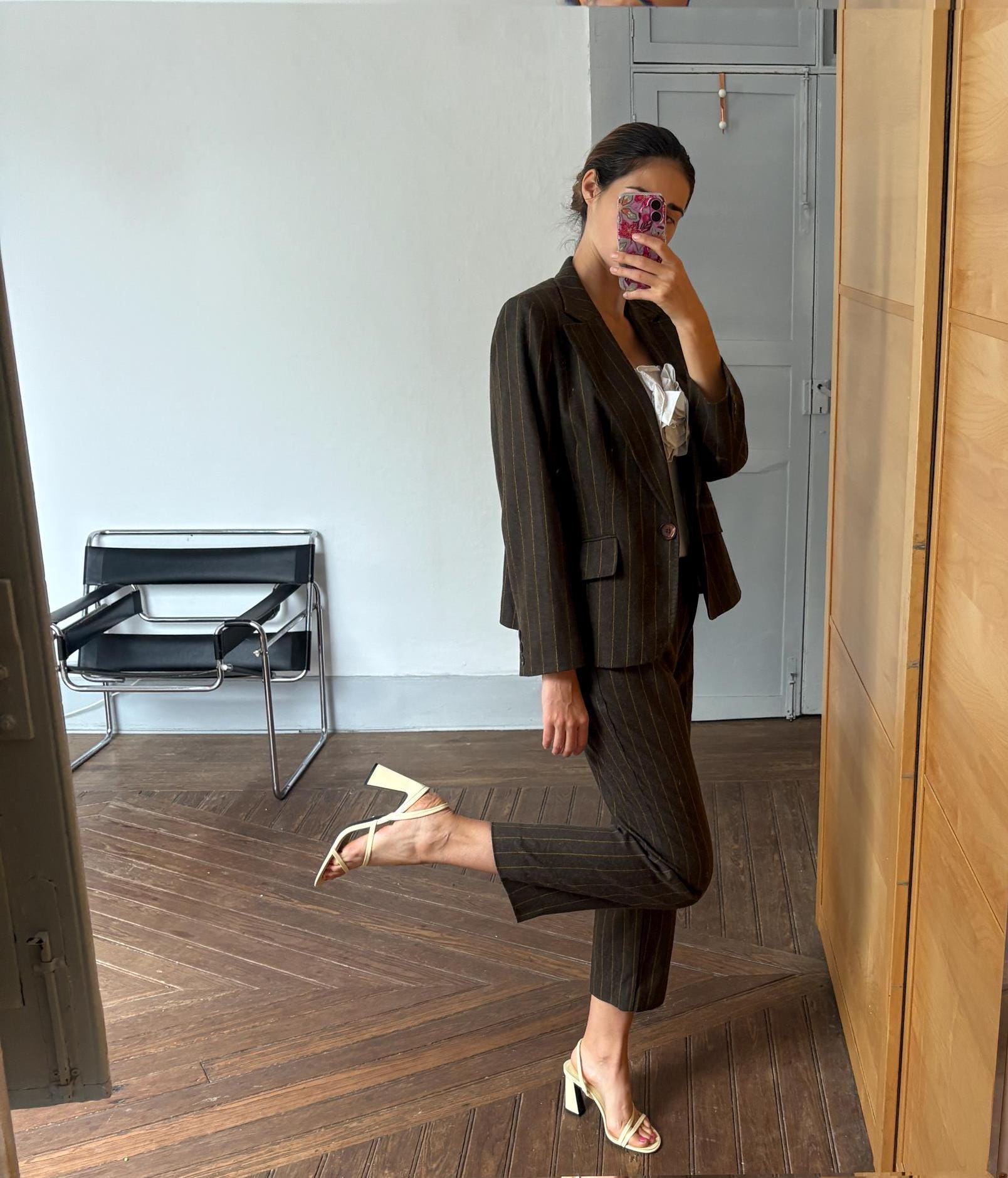 Vintage two piece wool woman suit, Retro wool striped blazer and pants, Dark Academia formal clothing set, XXXL