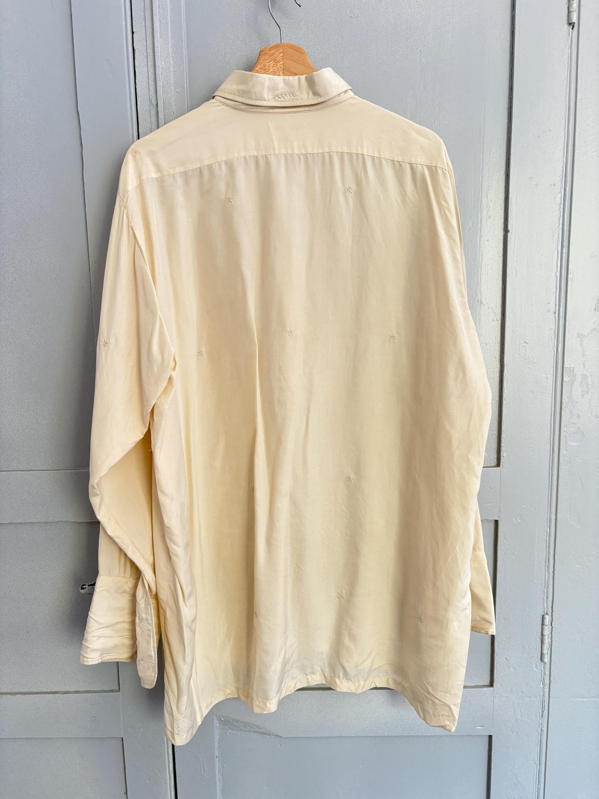 Gorgeous PURE SILK vintage MEN shirt, Hand embroidered off white oxford, A true vintage treasure, Super soft eggshell long sleeve button up