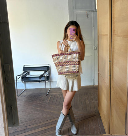 Vintage Brown Sisal Woven Shopper — back view