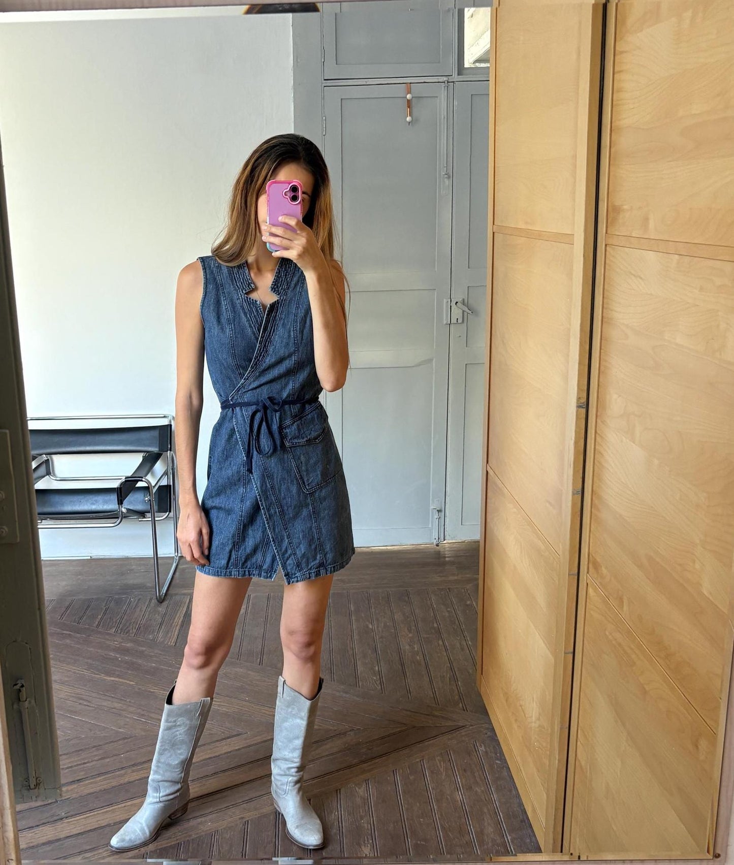 Vintage Max & co denim wrap around dress, Designer mini summer dress, Blue Minimalist Style, Basic sleeveless Jeans dress, M