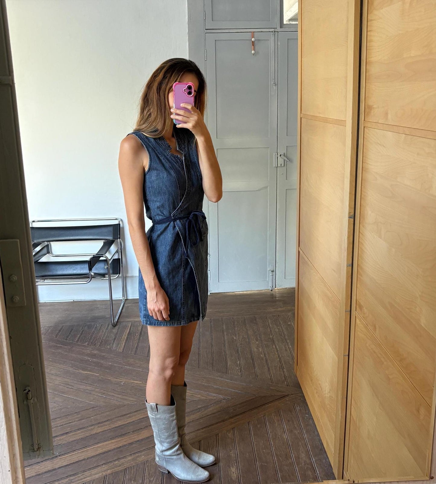 Vintage Max & co denim wrap around dress, Designer mini summer dress, Blue Minimalist Style, Basic sleeveless Jeans dress, M