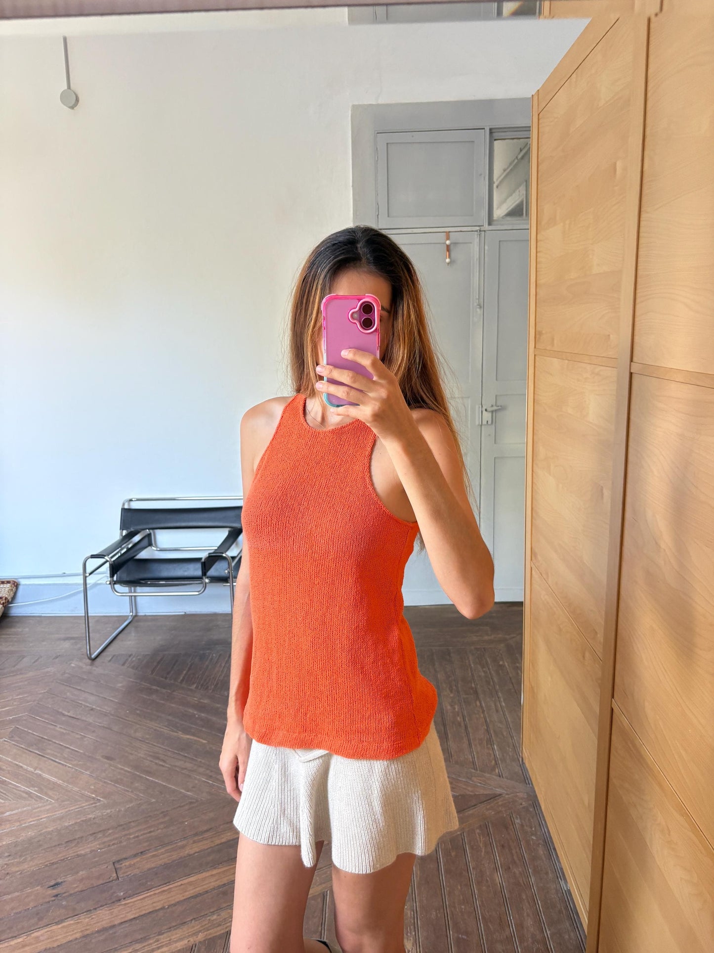 Massimo Dutti Bright orange tank top, Vintage vibrant camisole, Colourful knit sleeveless shirt