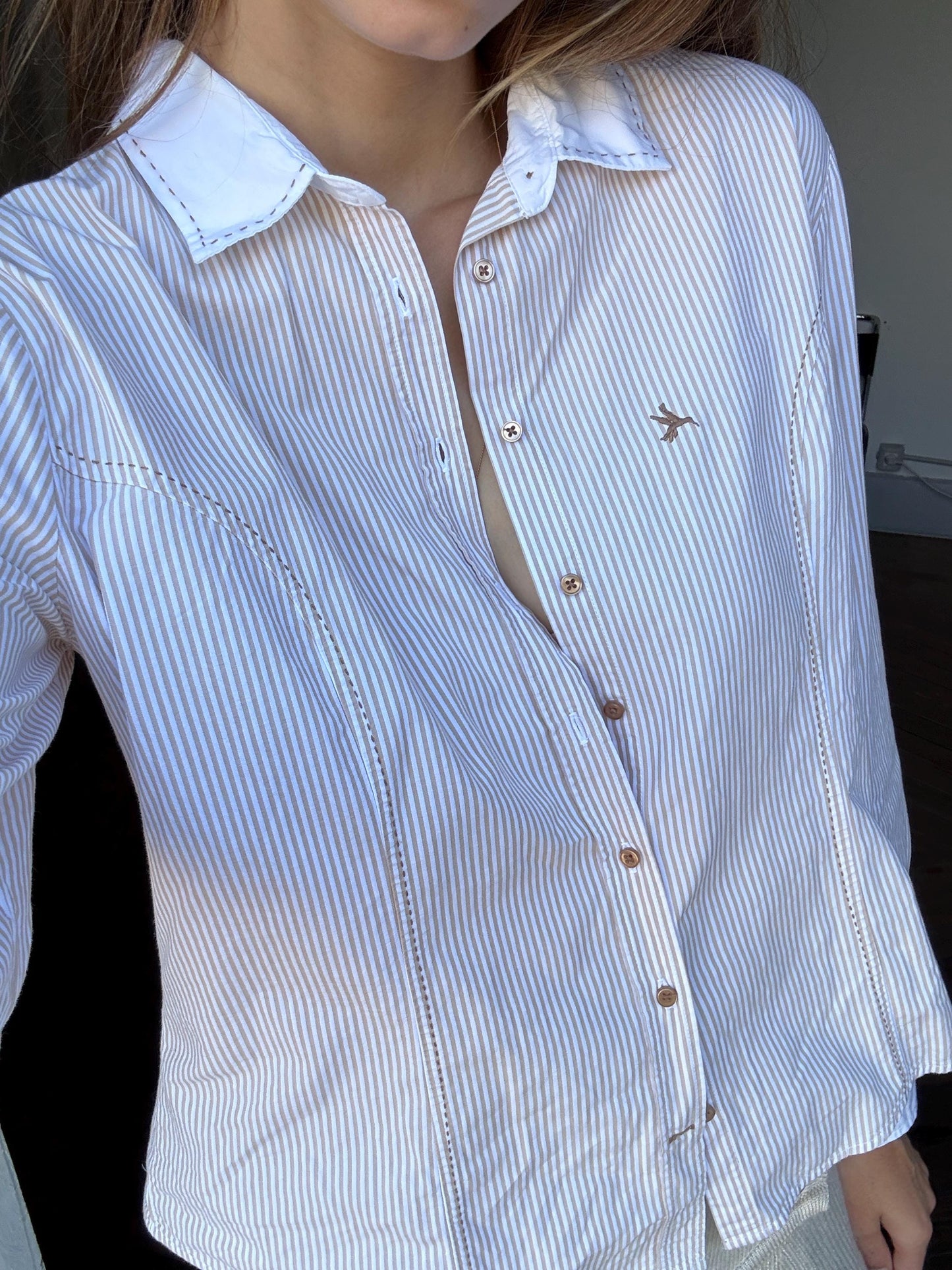 Vintage LLOYD'S brown and white striped formal woman blouse, Elegant button down shirt, M