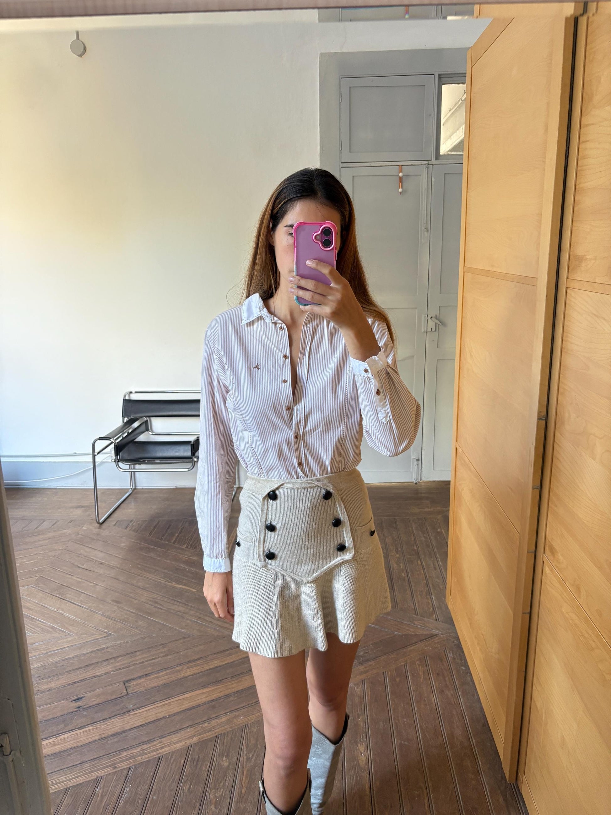 Vintage LLOYD'S brown and white striped formal woman blouse, Elegant button down shirt, M