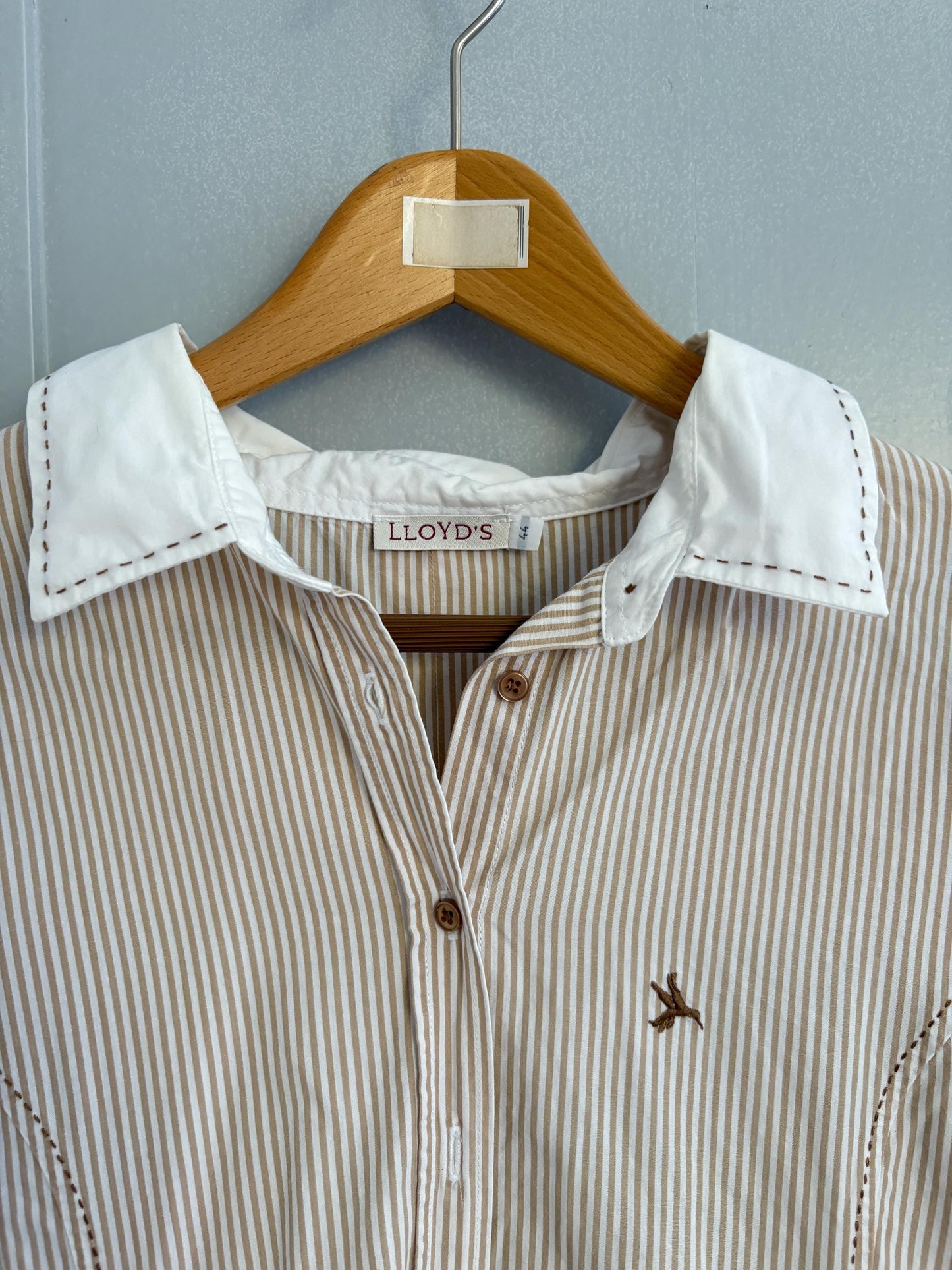 Vintage LLOYD'S brown and white striped formal woman blouse, Elegant button down shirt, M