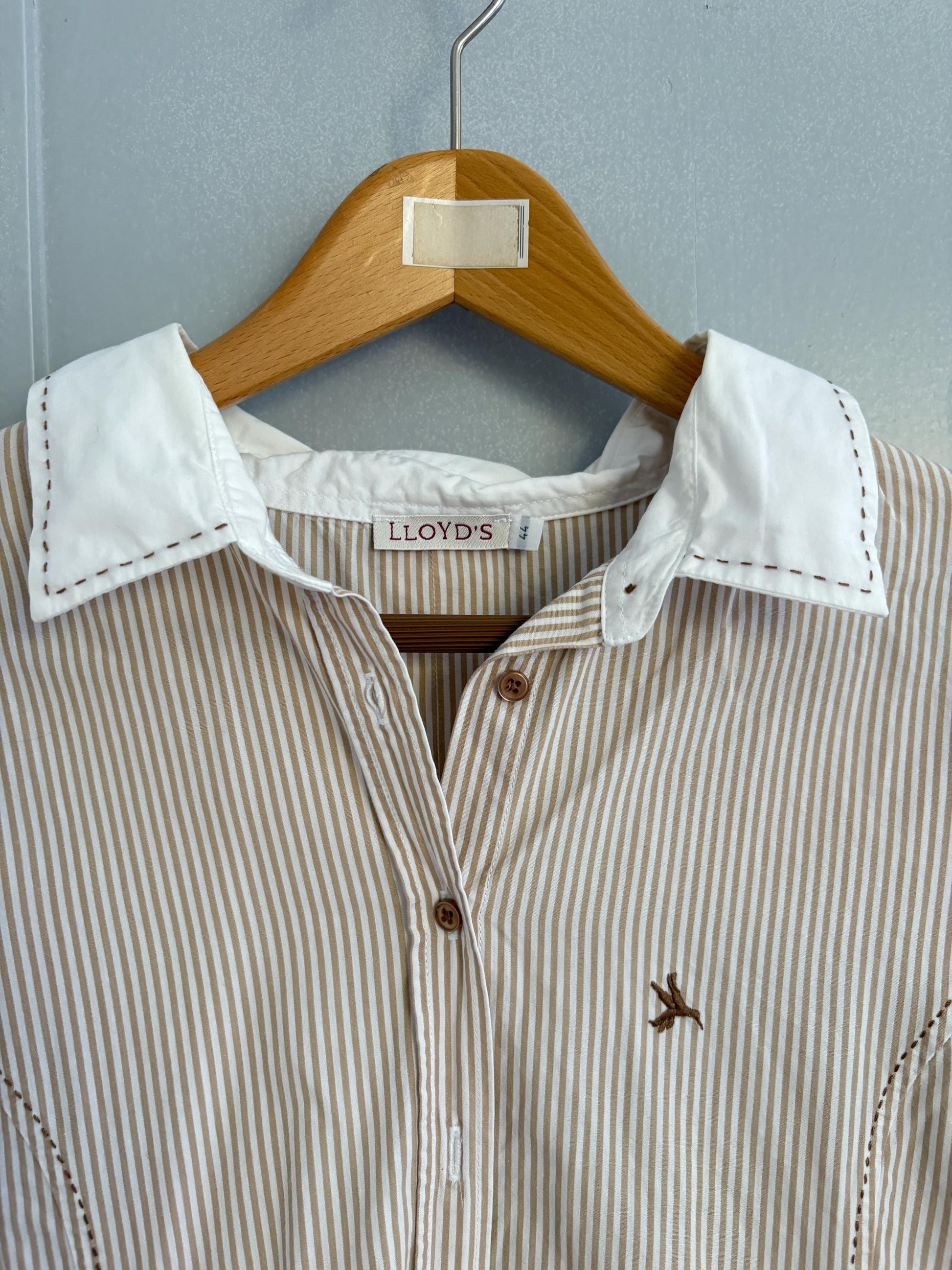 Vintage LLOYD'S brown and white striped formal woman blouse, Elegant button down shirt, M