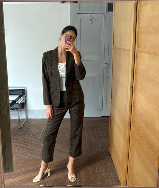 Vintage two piece woman suit, Retro wool striped blazer and pants, Dark Academia formal clothing set, XXXL