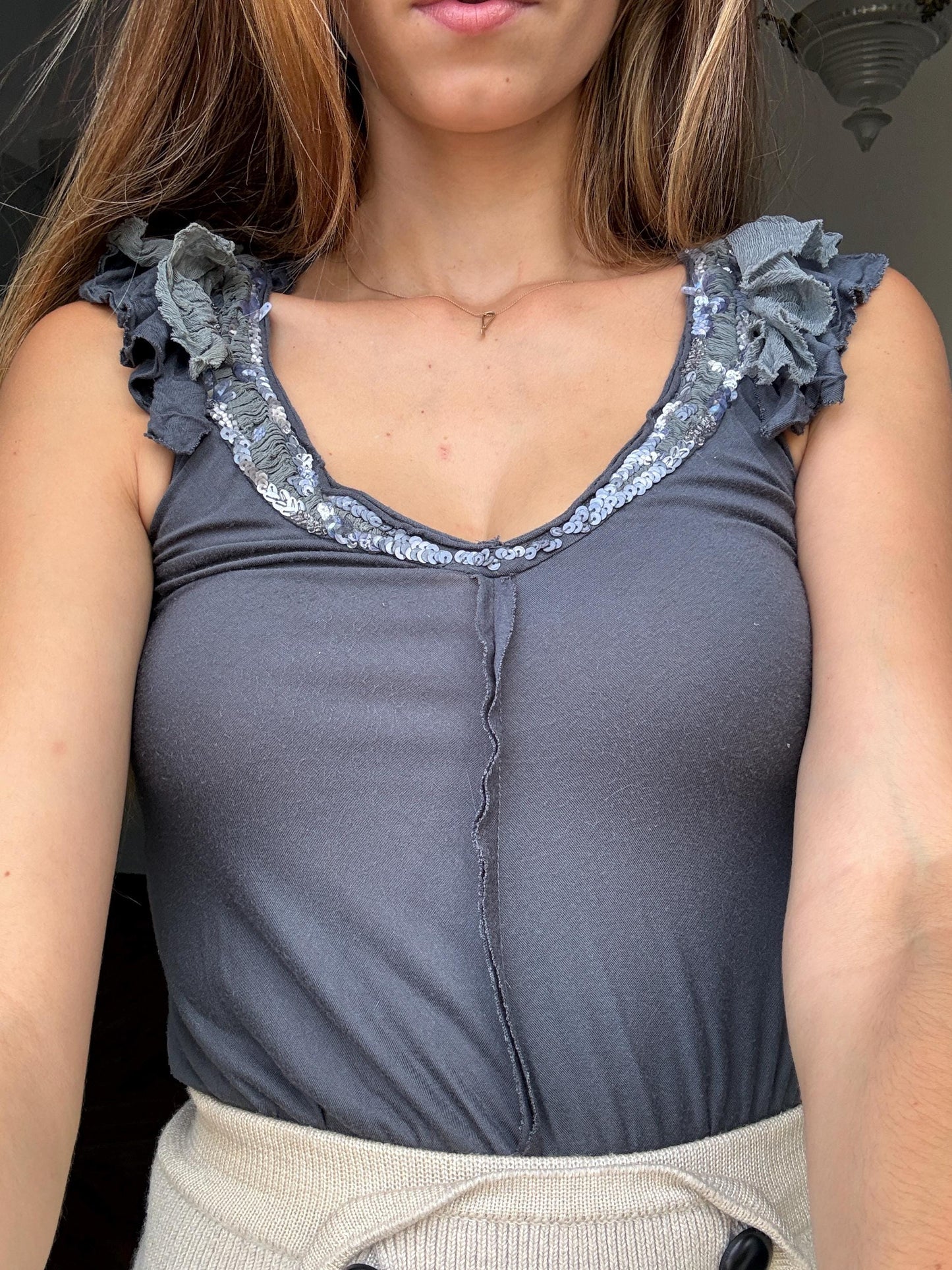 Patrizia pepe modal grey sequin embellished vintage shirt, Soft festive designer brand new years eve top, S