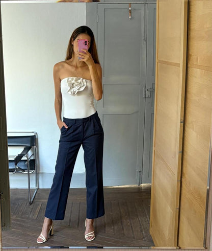 Navy Blue Tailored Wool Trousers — back view