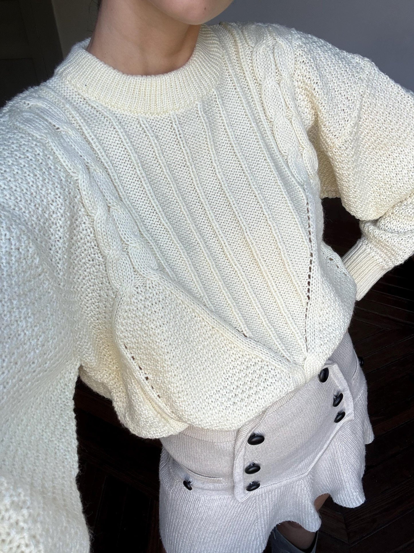 Vintage Ivory pullover, Retro eggshell knitwear, Cozy off white winter knit jumper, 80s christmas sweater