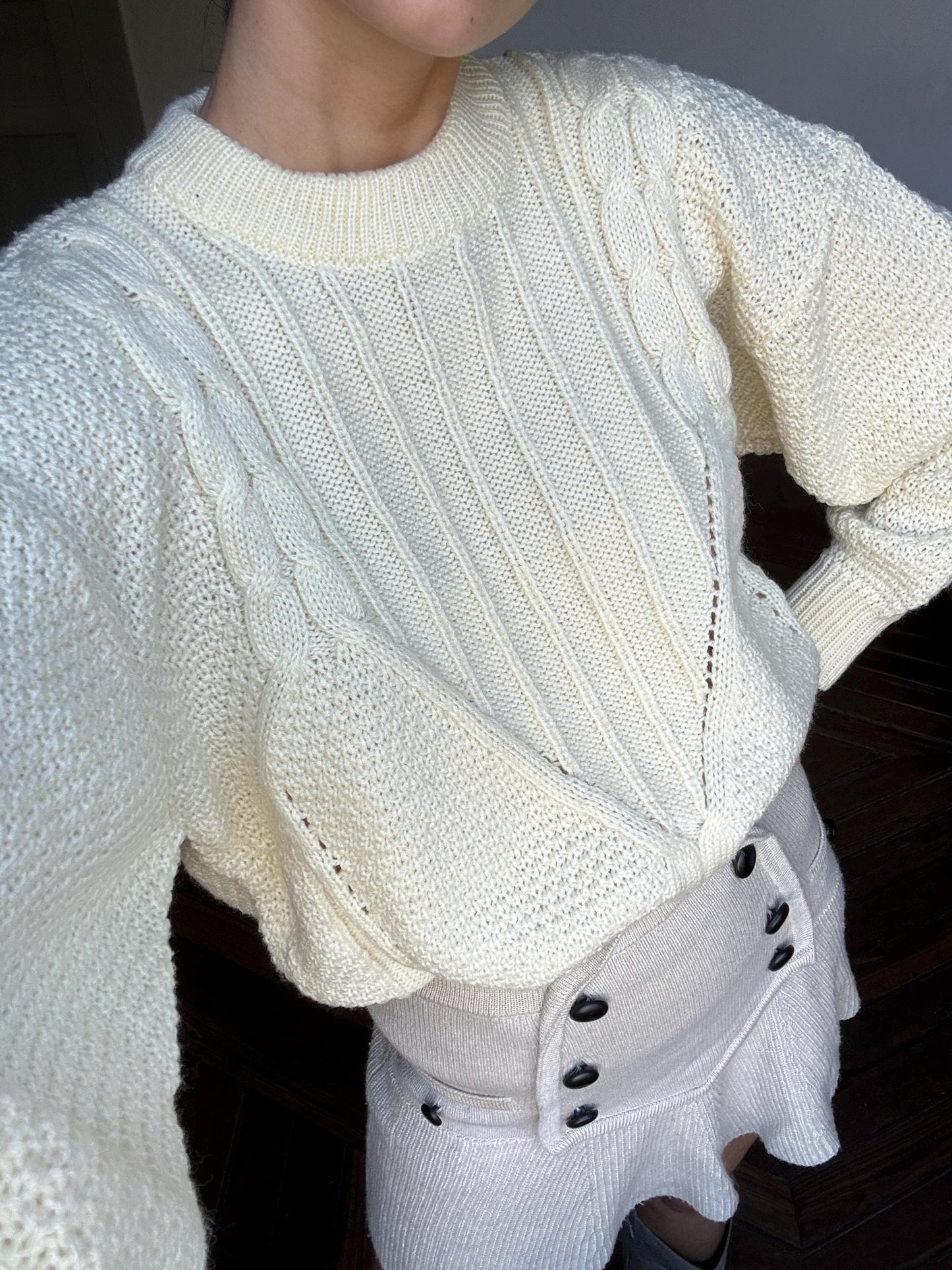 Vintage Ivory pullover, Retro eggshell knitwear, Cozy off white winter knit jumper, 80s christmas sweater