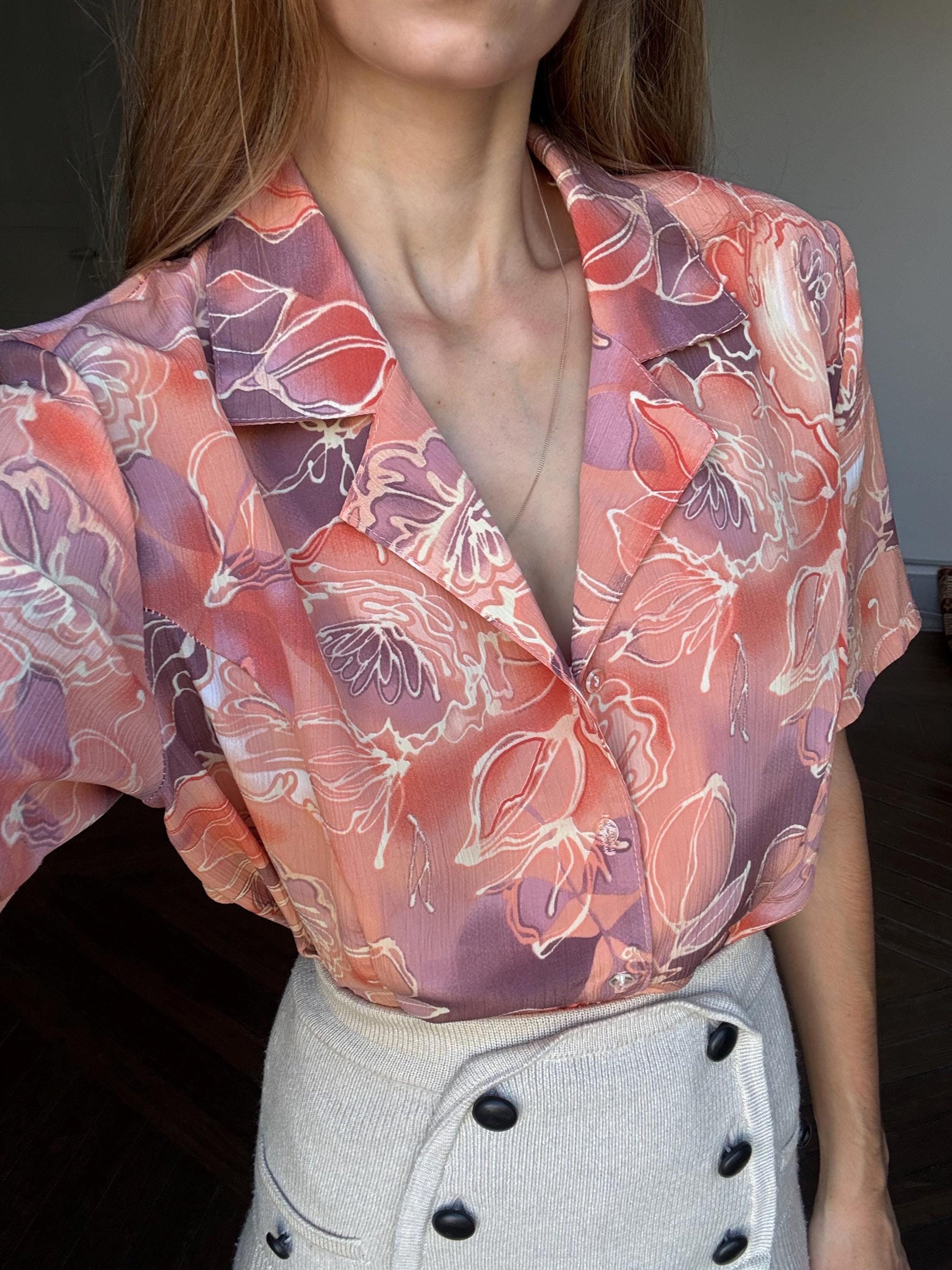 Vintage peach orange floral retro woman shirt