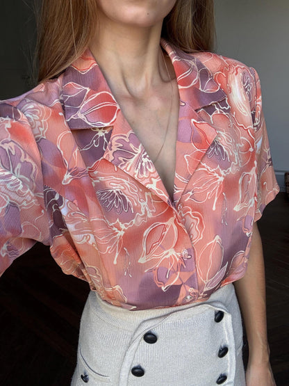Retro Floral Peach 70s Blouse — fabric close-up