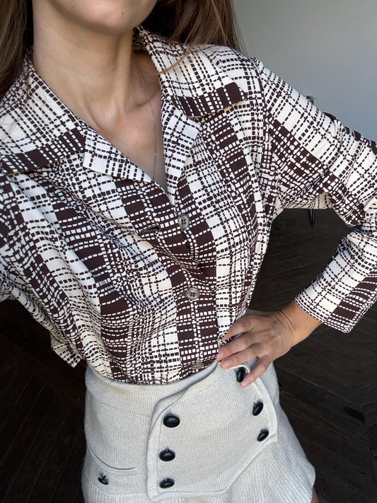 Vintage retro woman button down shirt in brown and white.
