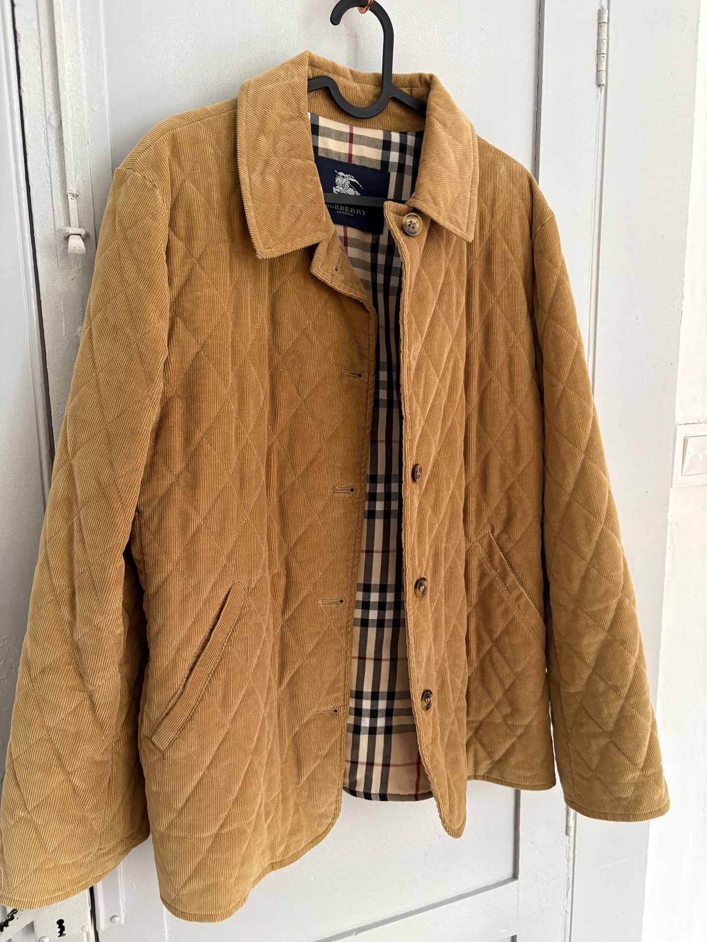Vintage Burberry London puffer jacket, Tan designer bomber coat,