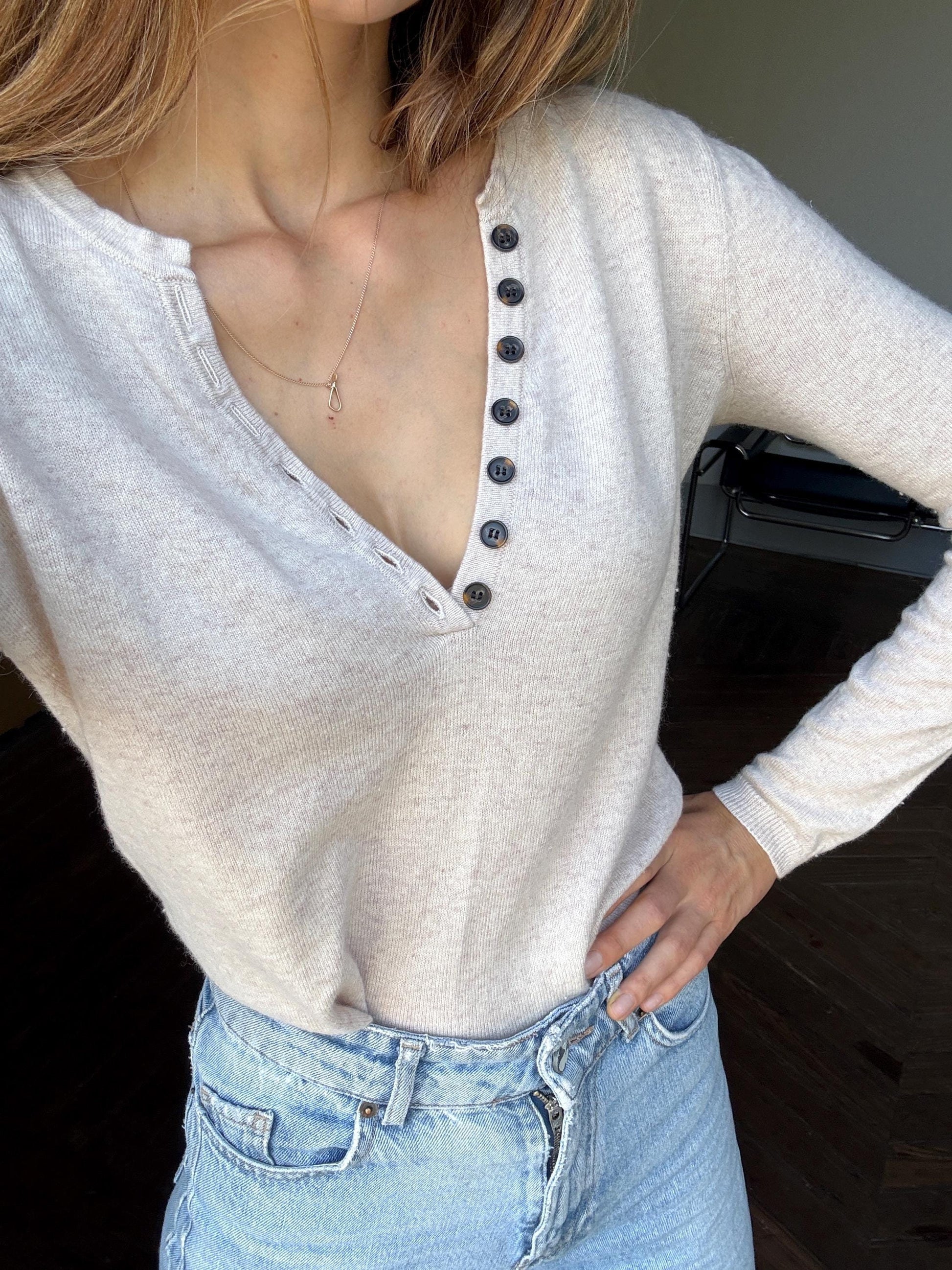 Luxe ivory jumper by Caroll Paris, Super soft pullover, Vintage eggshell knitwear, French designer knitwear, Cashmere blend shirt, XS