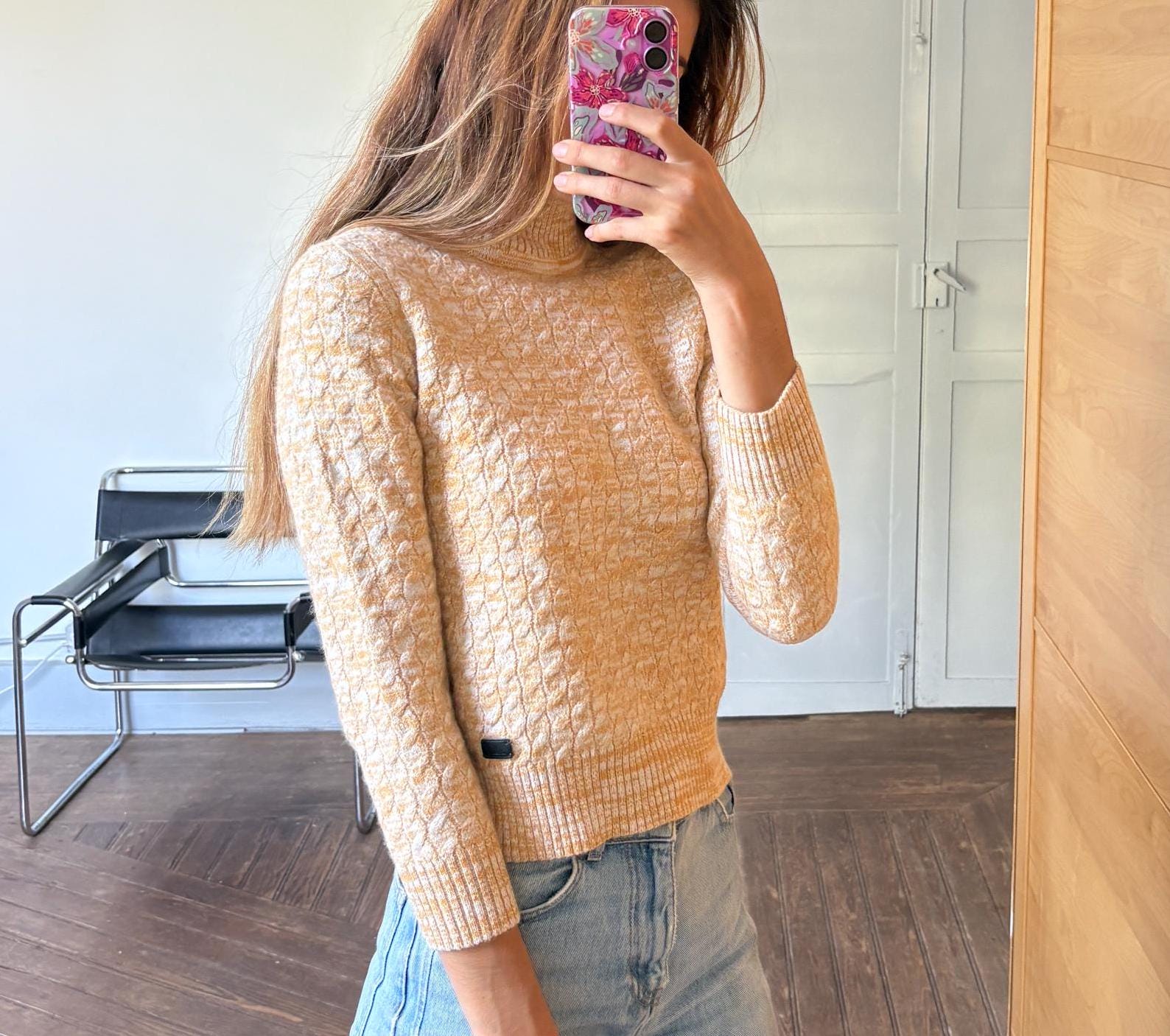 Wool yellow and white pullover, German design jumper