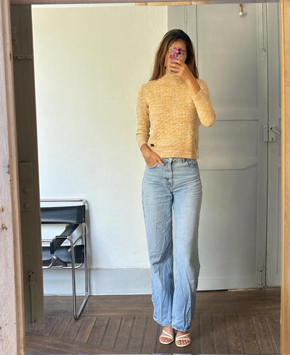 Yellow and White Wool Pullover, German Design — fabric close-up