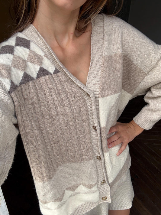 Vintage Patchwork Wool Cardigan in Soft Neutrals