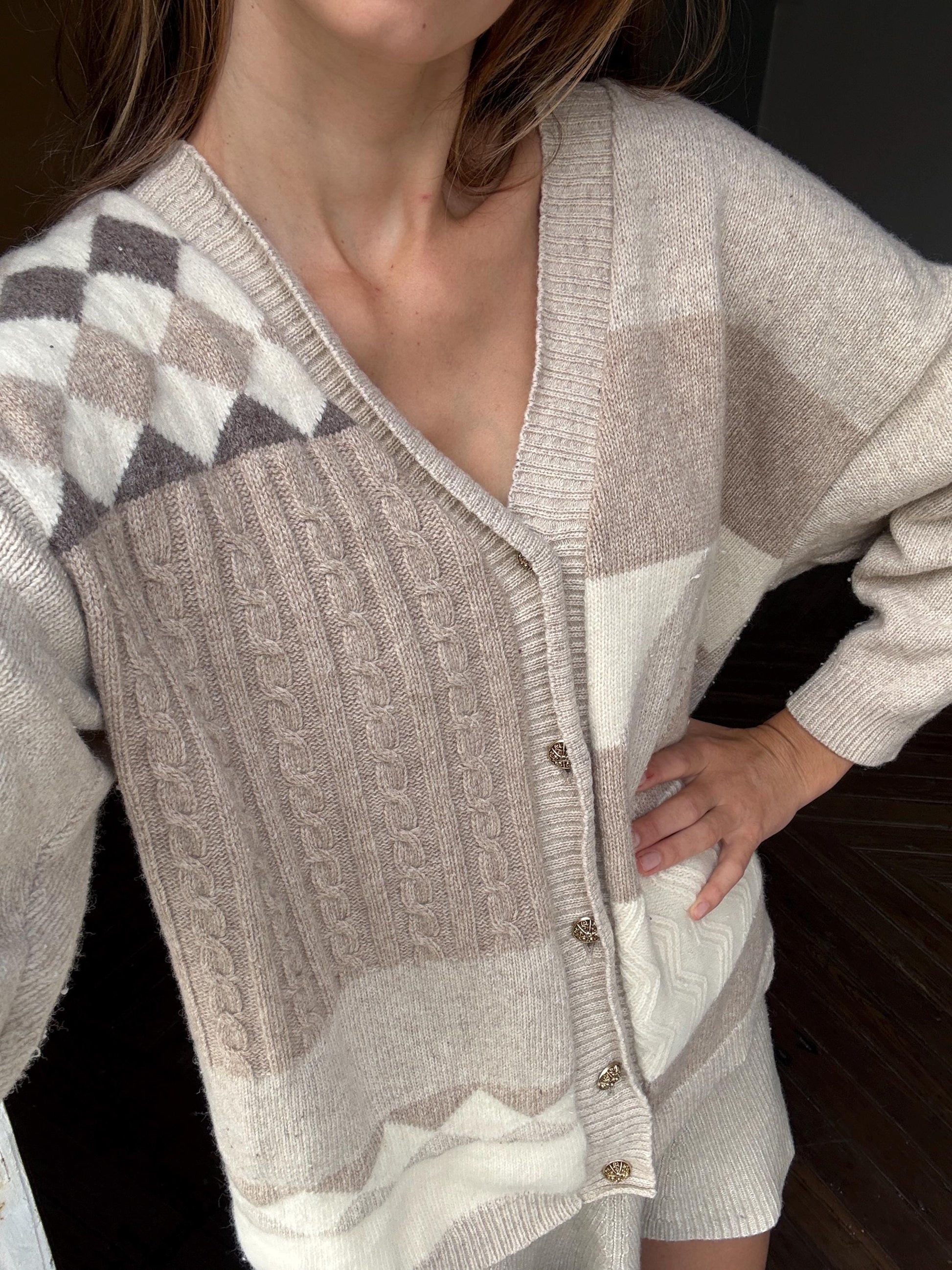 Vintage Patchwork Wool Cardigan | Lambswool Angora Blend | Soft Neutrals