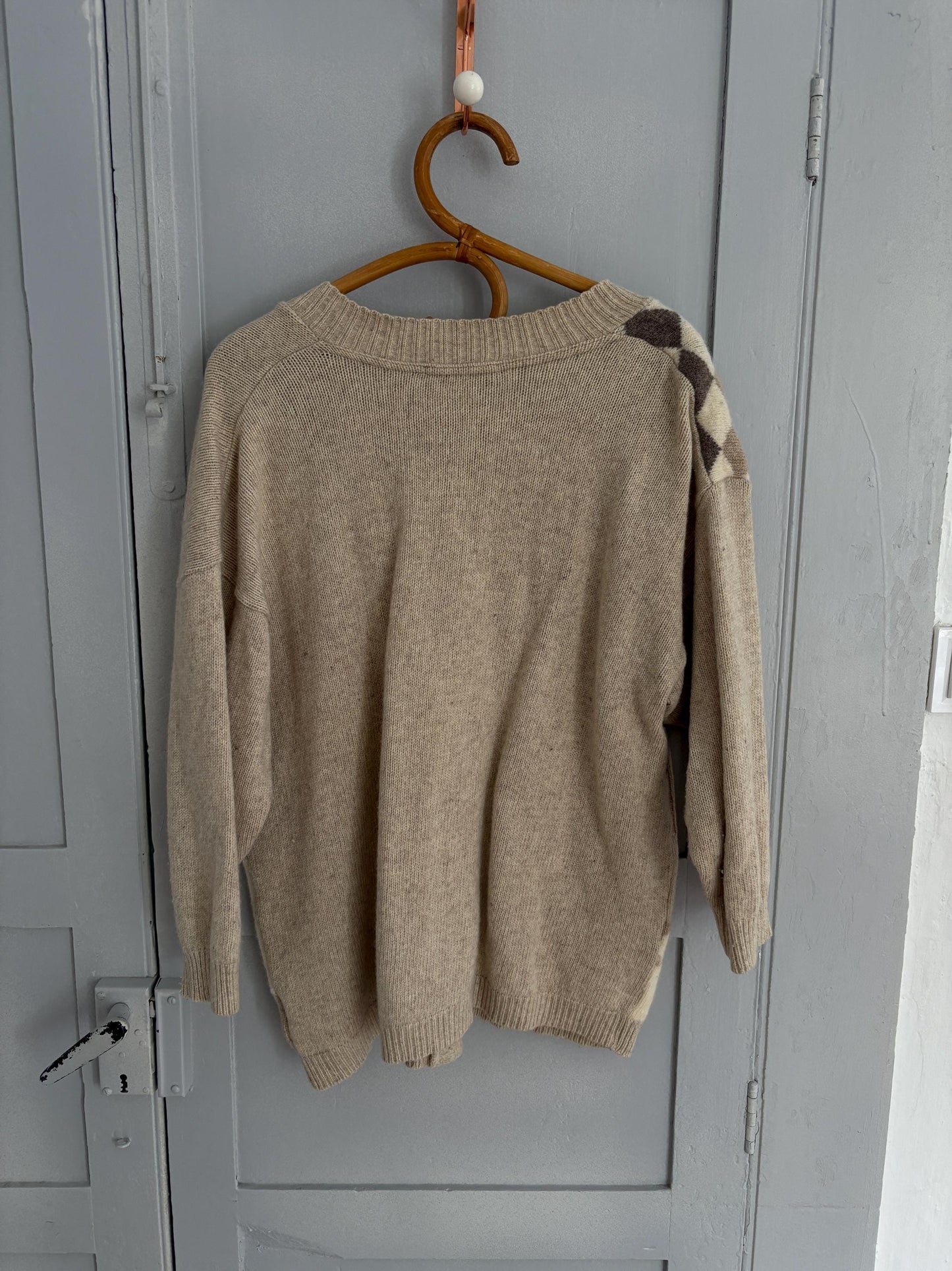 Vintage Patchwork Wool Cardigan | Lambswool Angora Blend | Soft Neutrals