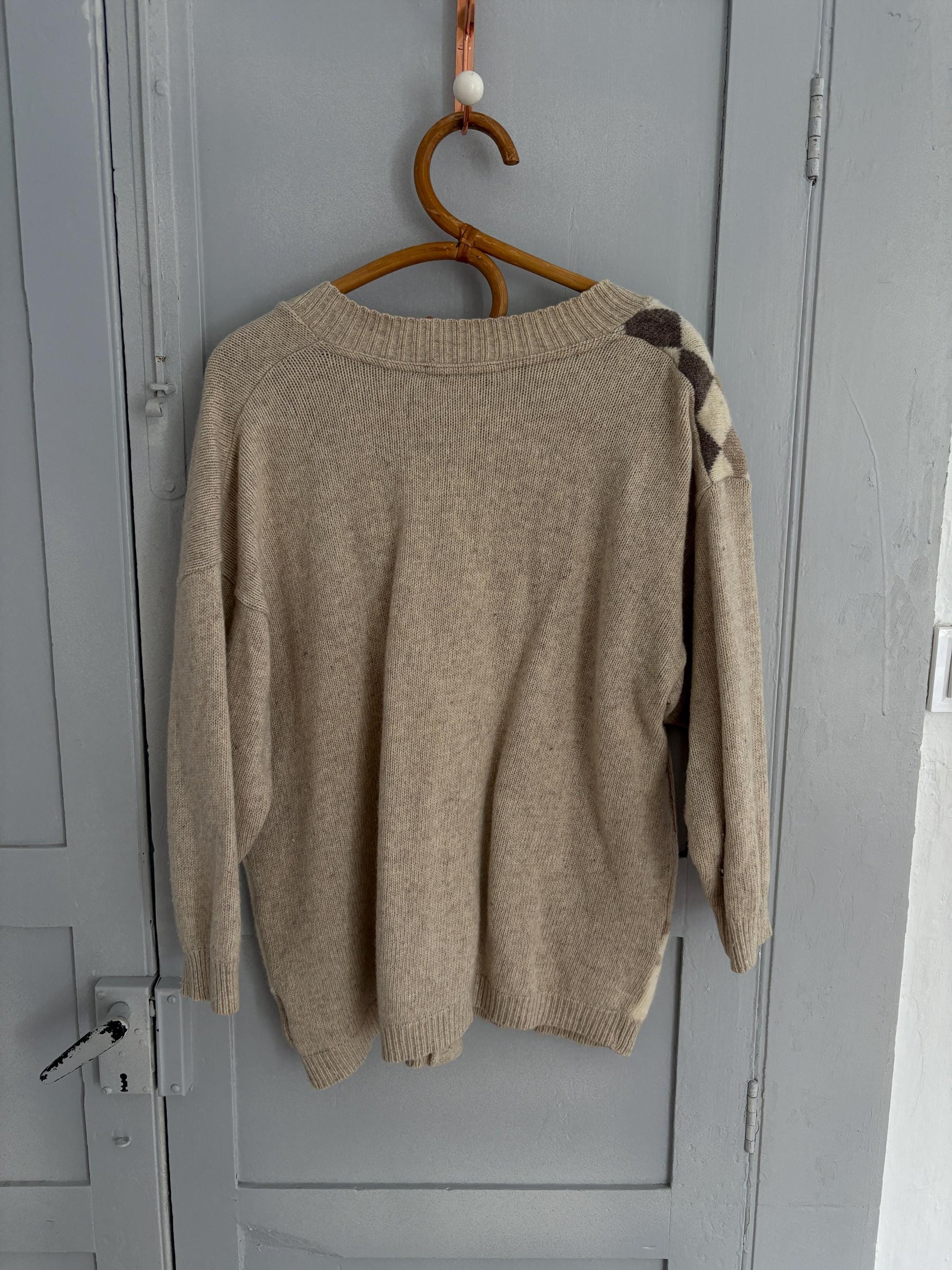 Vintage Patchwork Wool Cardigan | Lambswool Angora Blend | Soft Neutrals