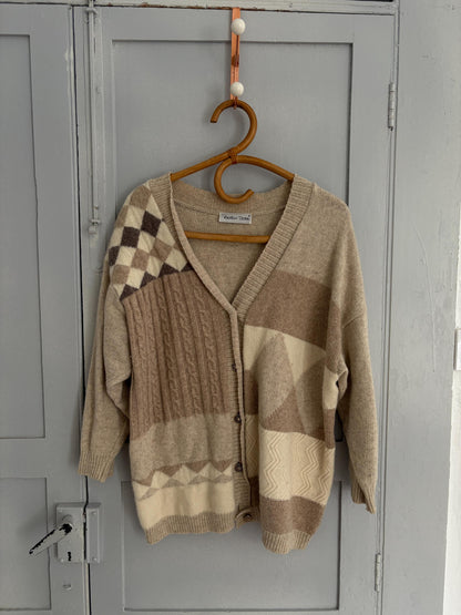 Vintage Patchwork Wool Cardigan in Soft Neutrals — back view