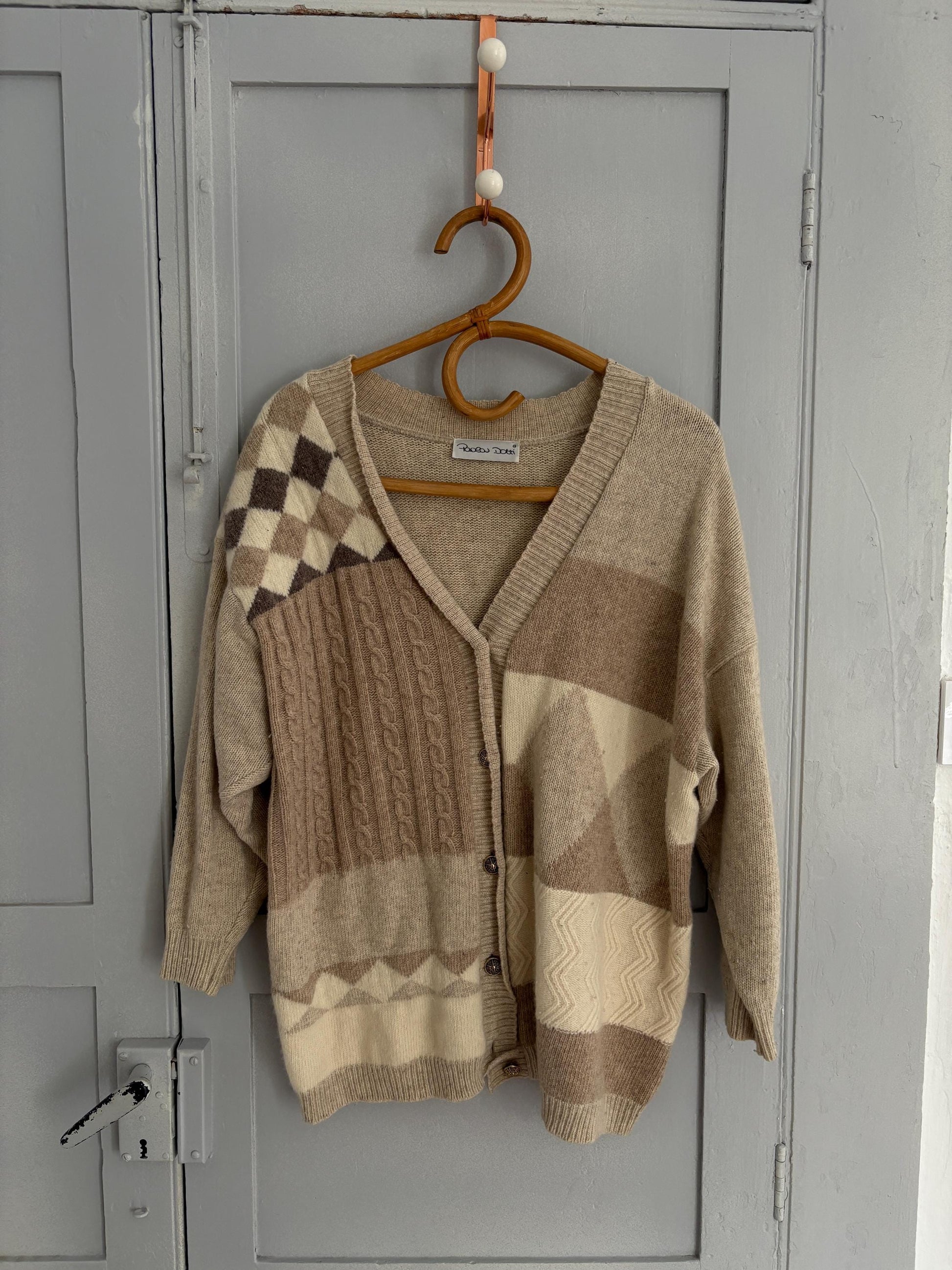 Vintage Patchwork Wool Cardigan | Lambswool Angora Blend | Soft Neutrals