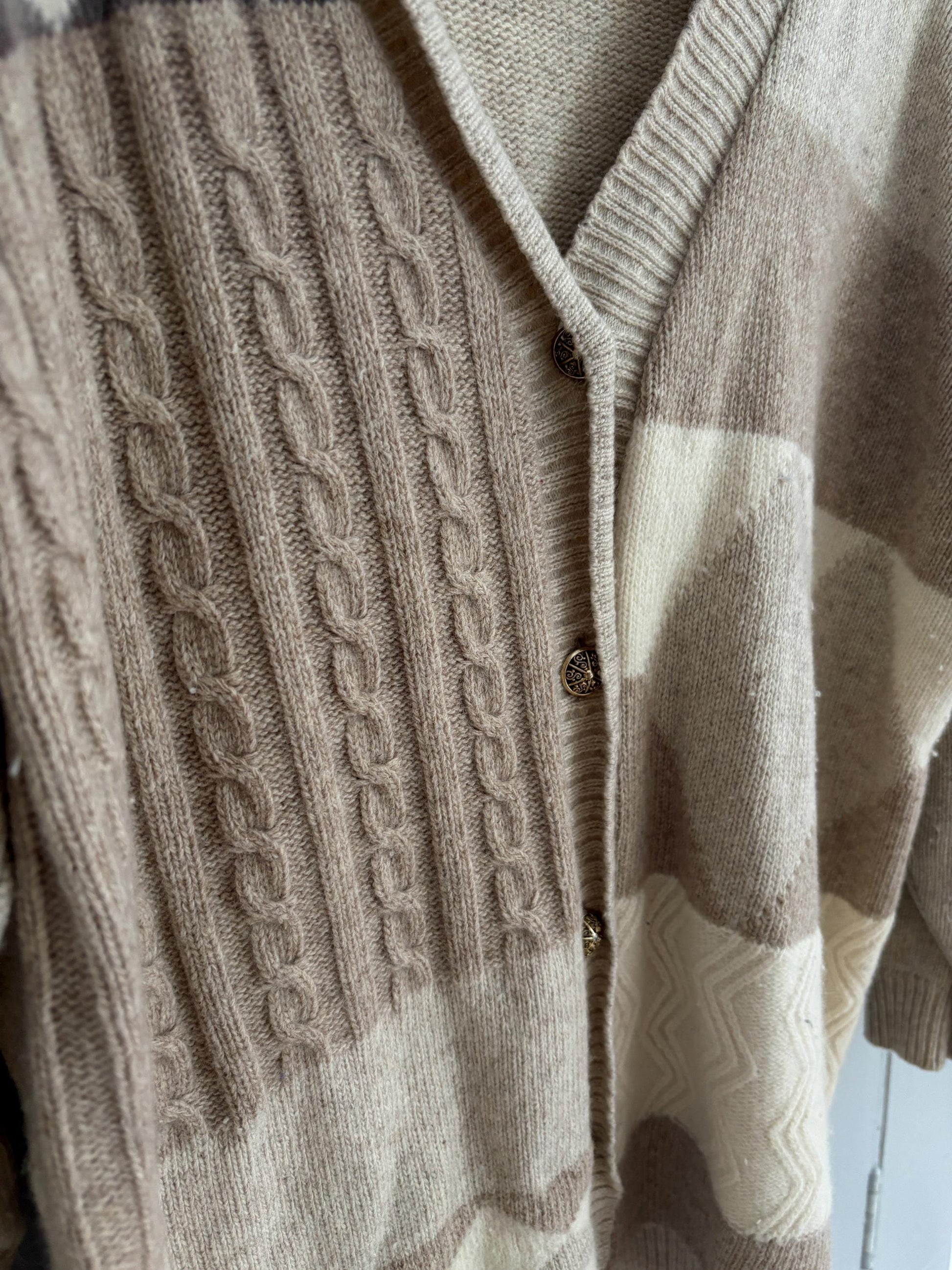 Vintage Patchwork Wool Cardigan | Lambswool Angora Blend | Soft Neutrals