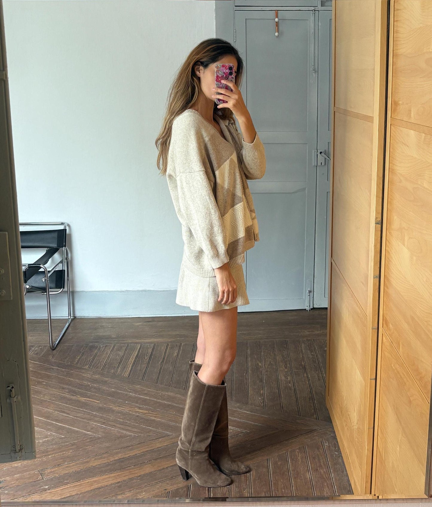 Vintage Patchwork Wool Cardigan | Lambswool Angora Blend | Soft Neutrals