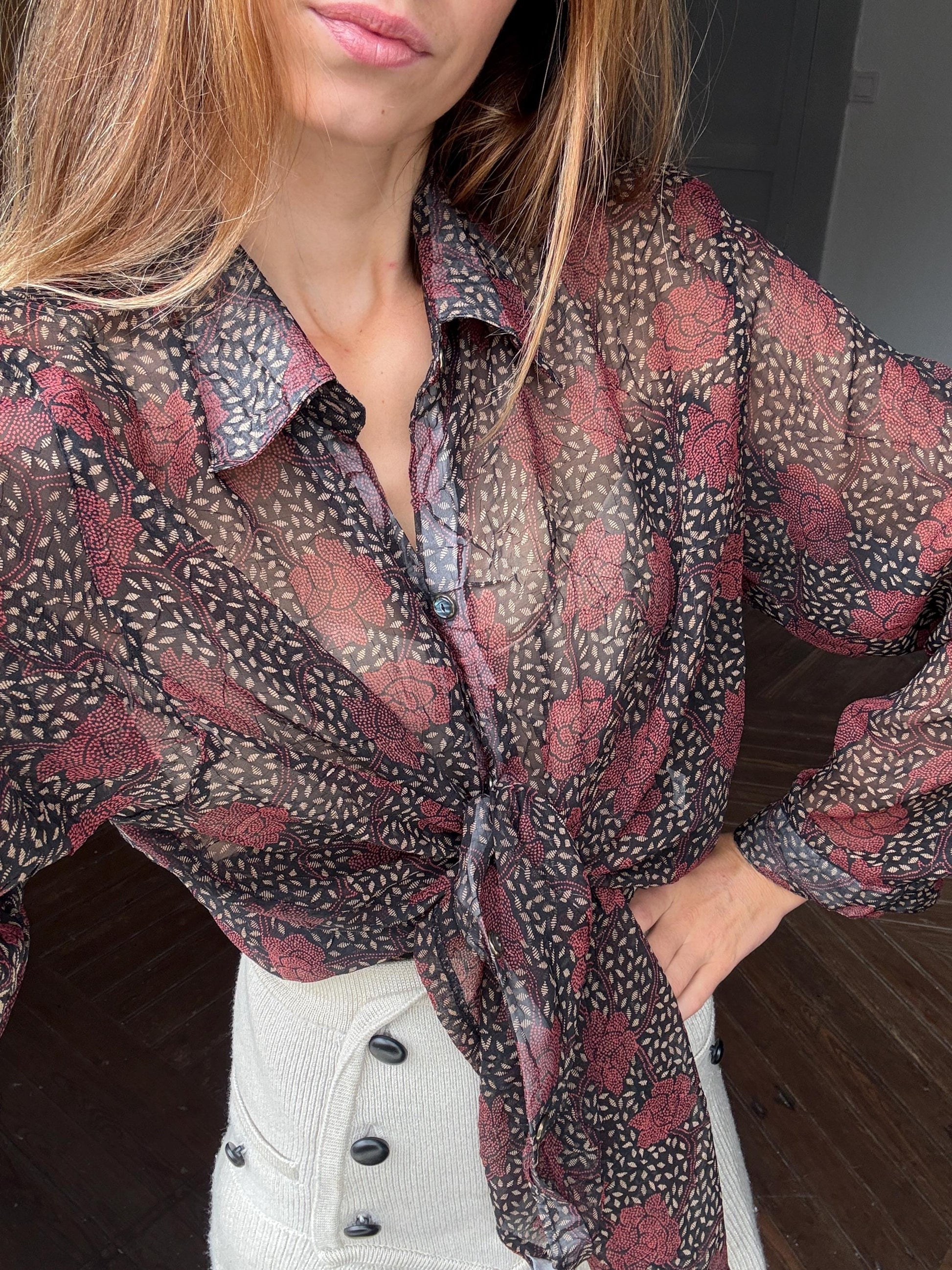 Sheer black floral button down shirt, wrap top, See through feminine beach wear, Dark gothic sheer floral blouse, Lightweight summer shirt