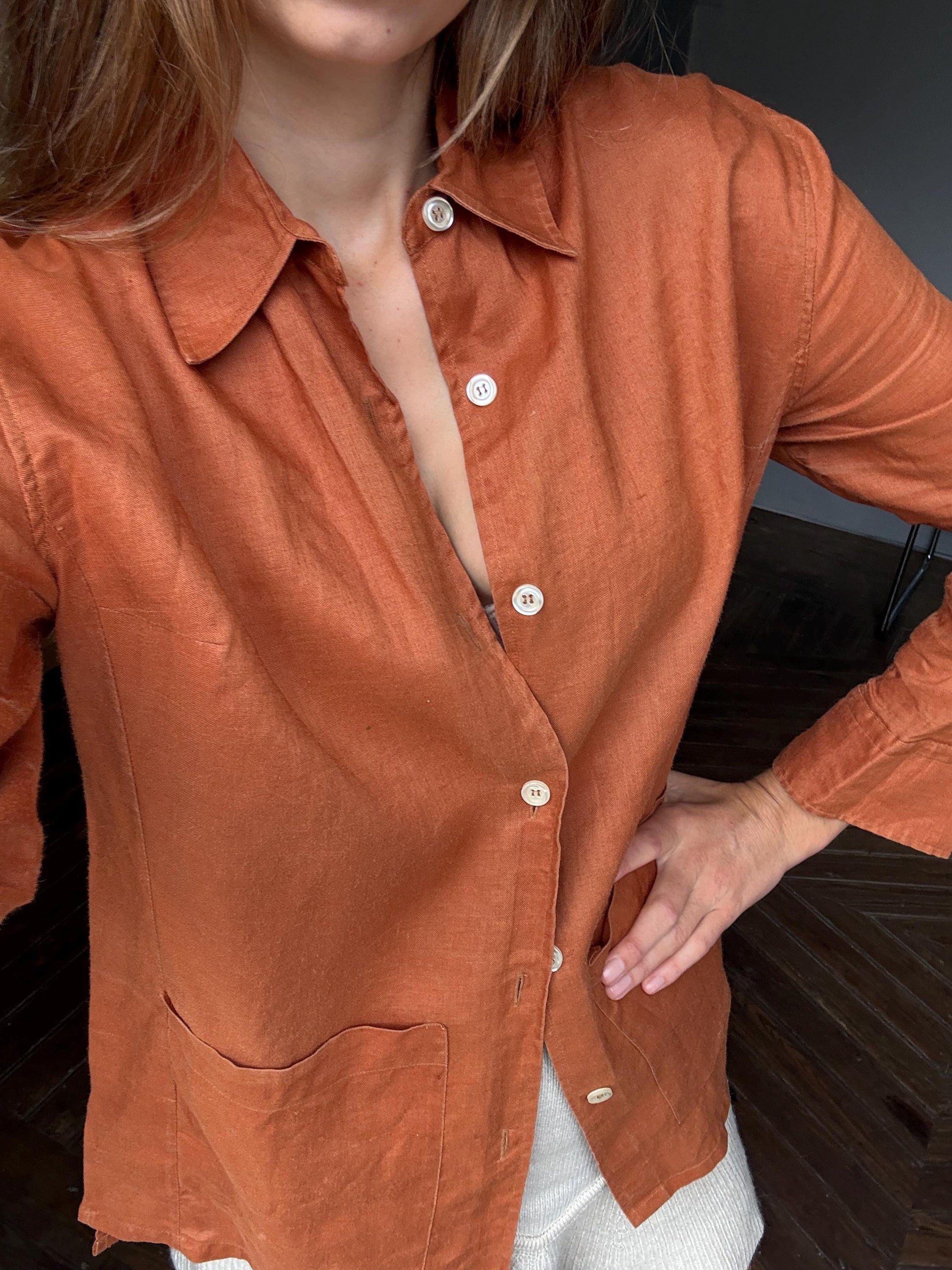 Vintage burnt orange woman blouse, Button up retro biodegradable ramie shirt, Vintage Zara plant fiber shirt, Earthy Sustainable fashion
