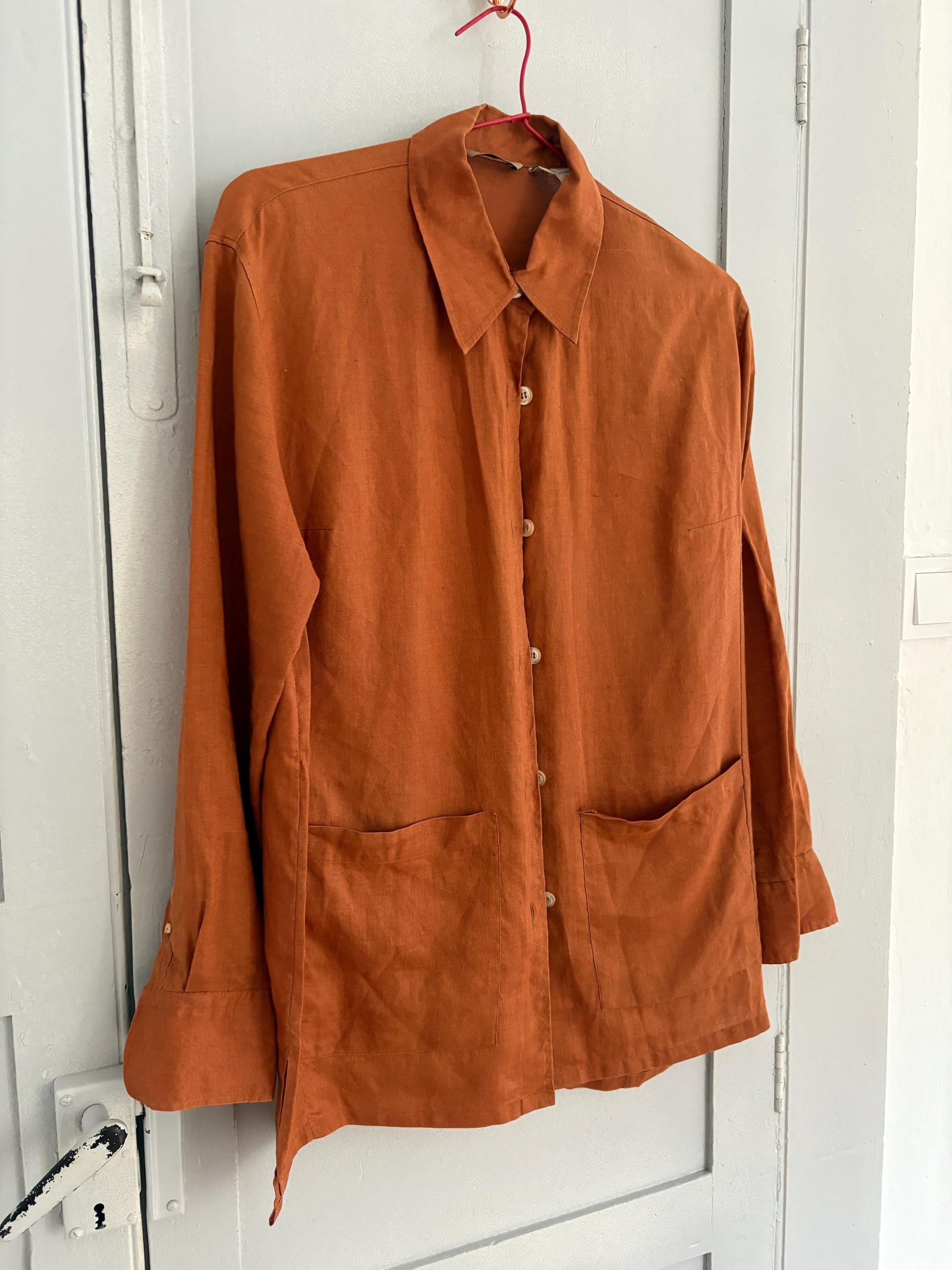 Vintage burnt orange woman blouse, Button up retro biodegradable ramie shirt, Vintage Zara plant fiber shirt, Earthy Sustainable fashion