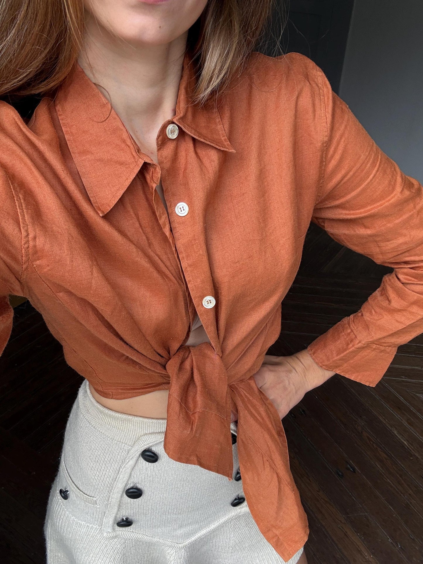 Vintage burnt orange biodegradable Ramie zara button down shirt.