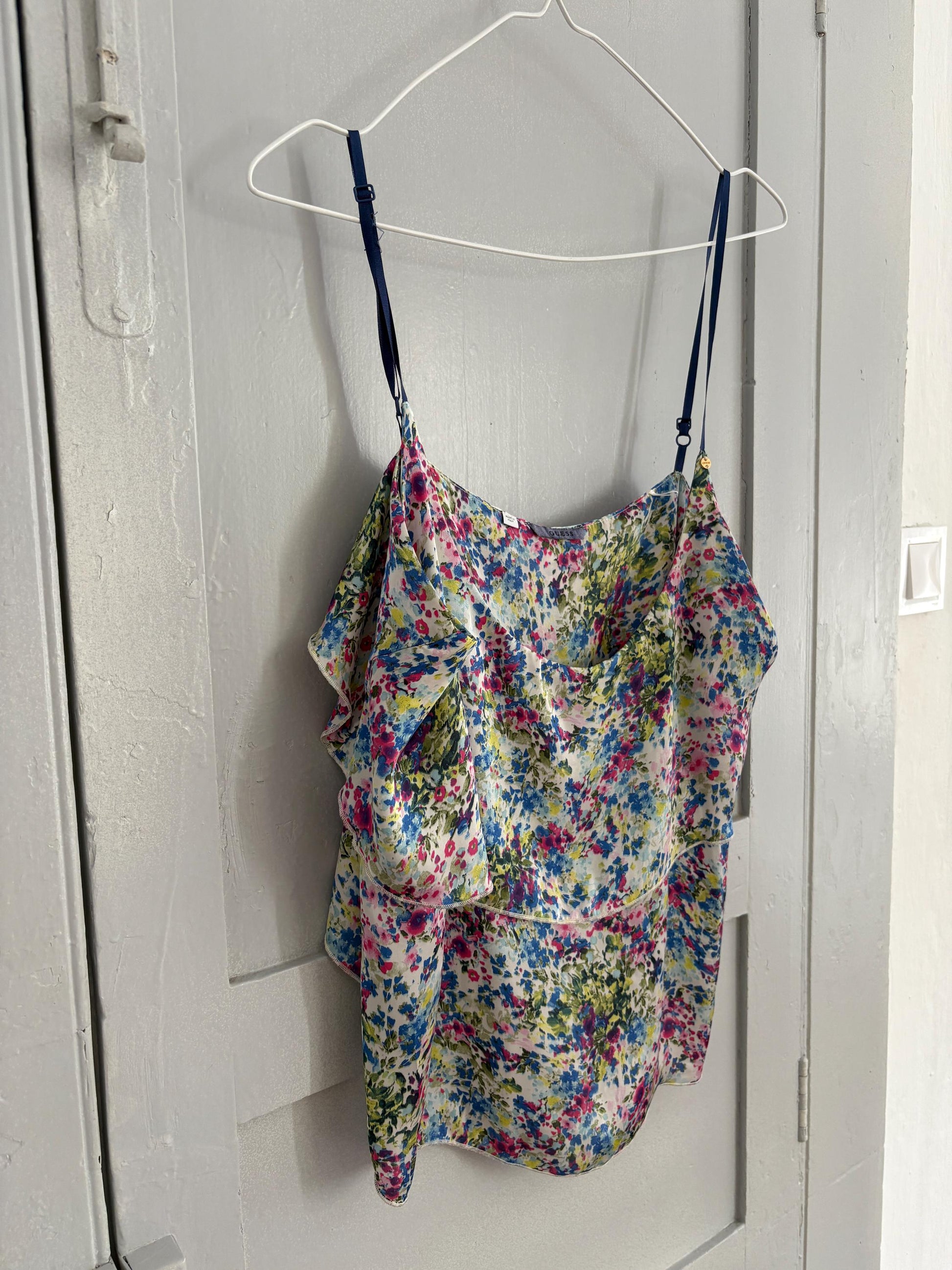 Vintage GUESS floral camisole, Y2k spaghetti loose layered tank top, Sexy see open neckline woman clothing, floral print corset top, L