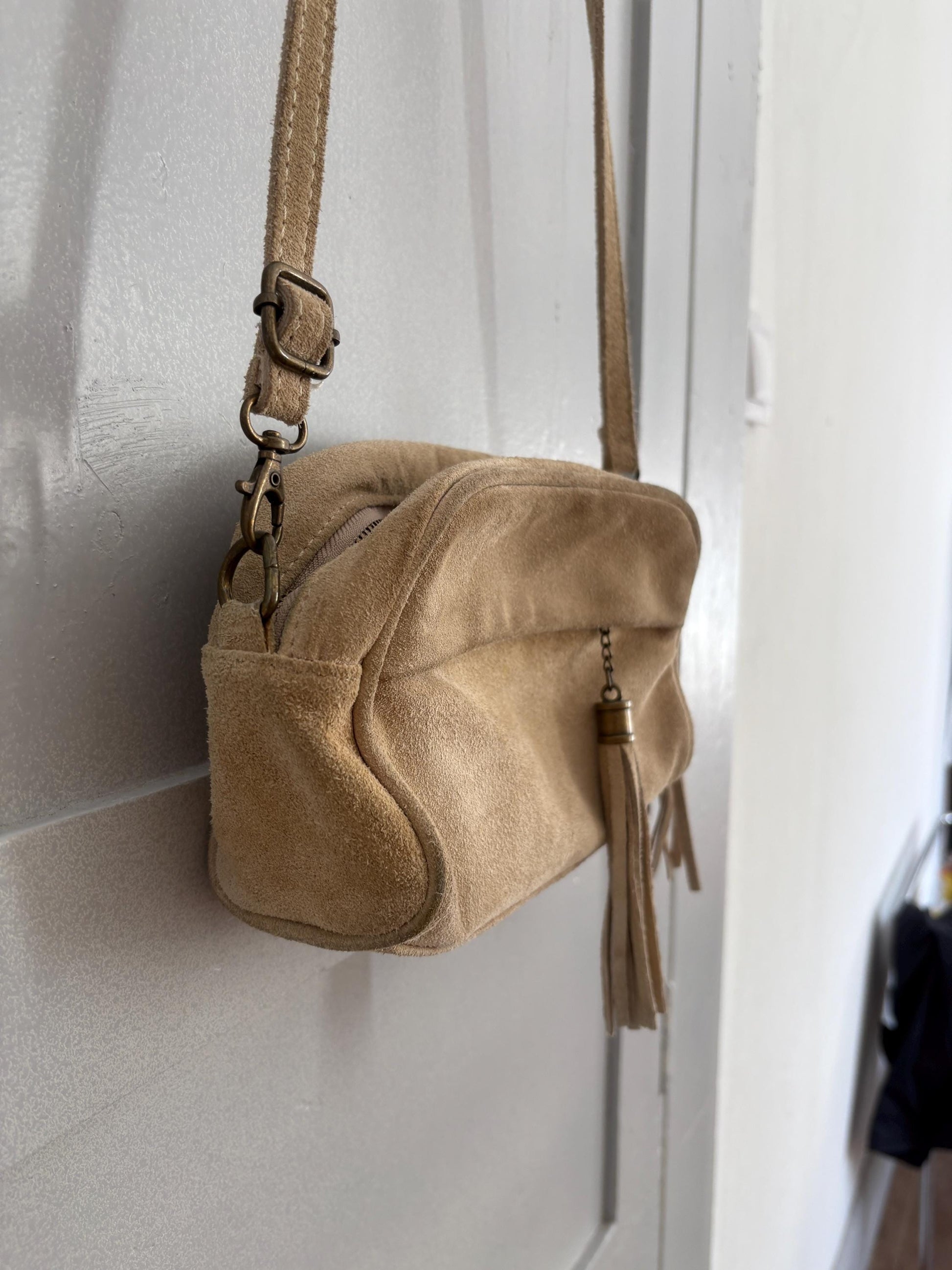 Natural earth beige suede leather small bag, Vintage genuine leather small tiny crossbody bag, Long strap shoulder Tassle Festival purse